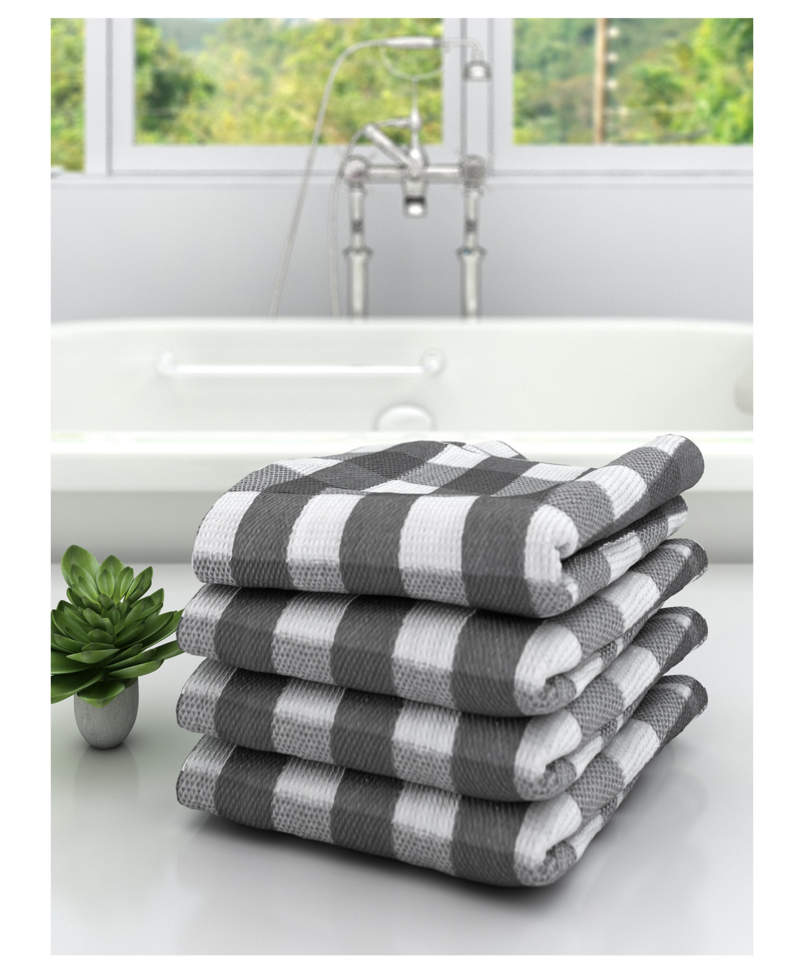 Athom Living 100% Premium Cotton Bath Towel Big Check Print Pack Of 4 - Grey-image-26