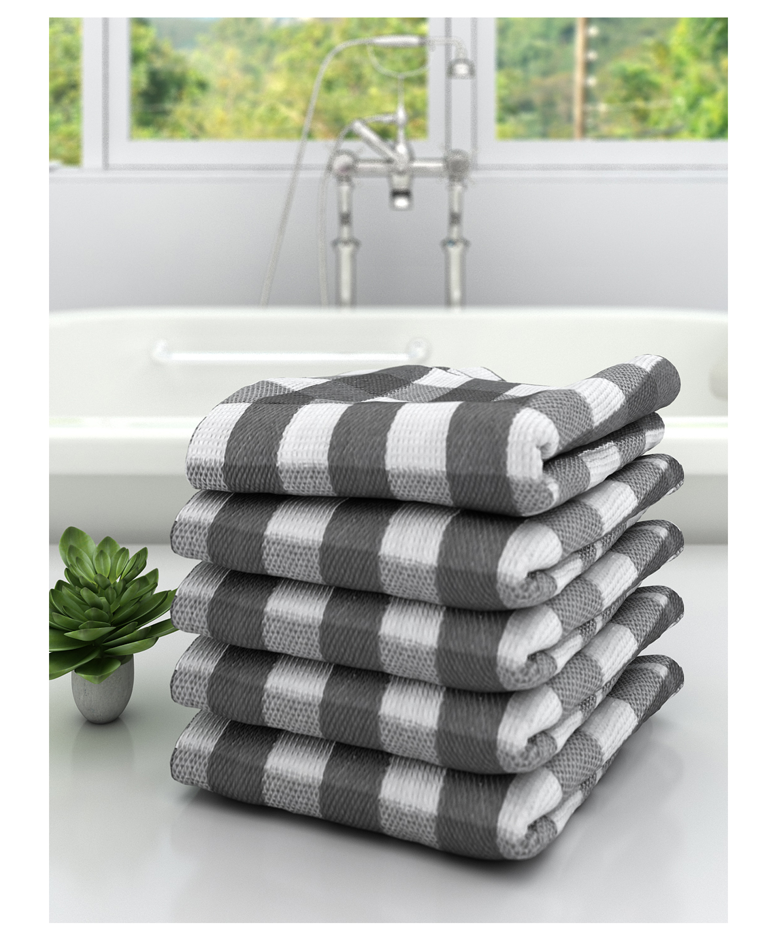 Athom Living 100% Premium Cotton Bath Towel Big Check Print Pack Of 5 - Grey-picture-33