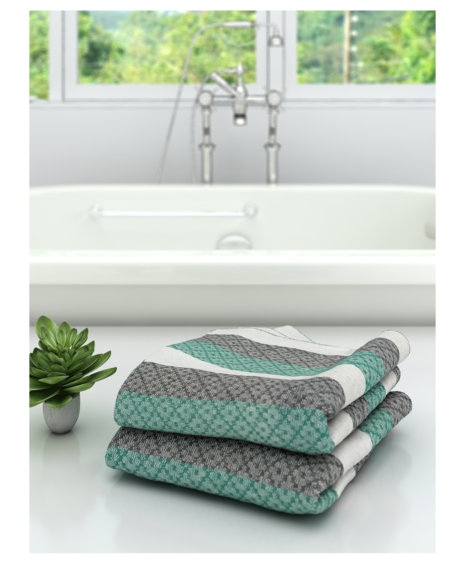 Athom Living 100% Premium Cotton Bath Towel Modern Checks Print Pack Of 2- Green-picture-30