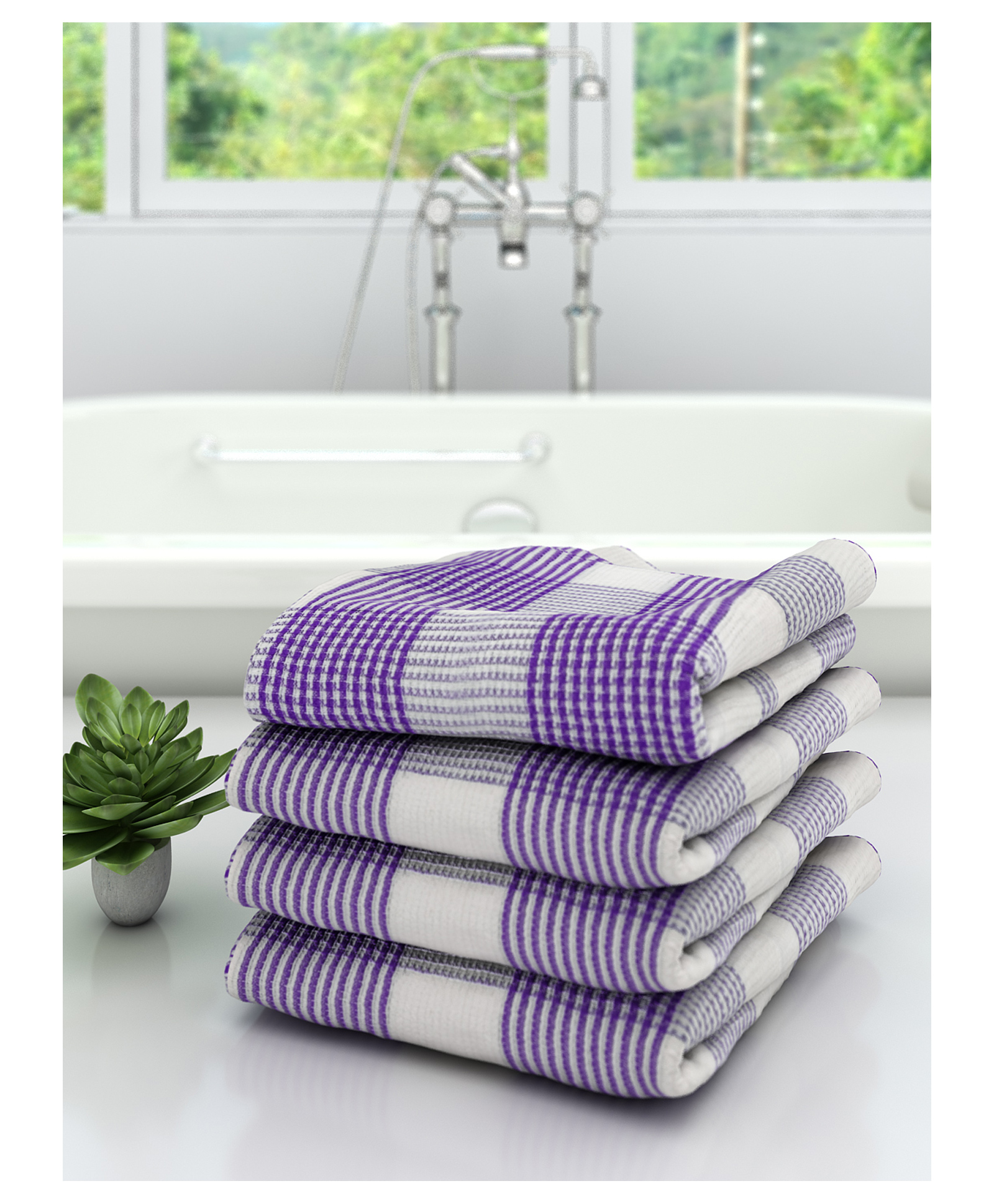 Athom Living 100% Premium Cotton Bath Towel Pin Stripes Print Pack Of 4 - Purple-picture-37