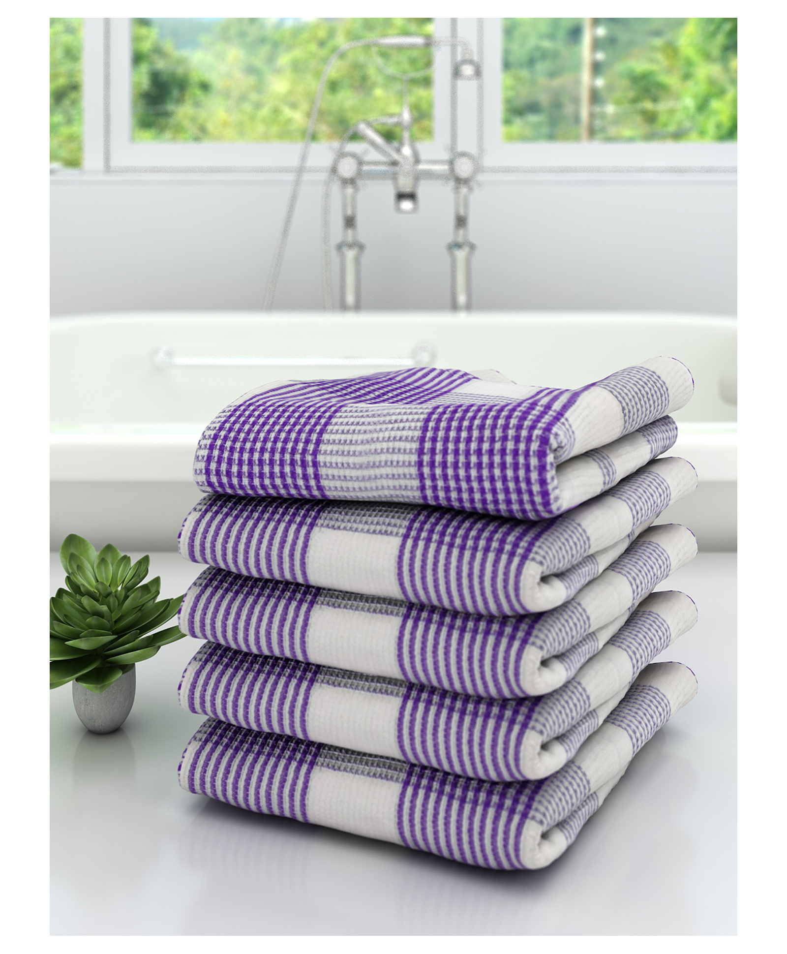 Athom Living 100% Premium Cotton Bath Towel Pin Stripes Print Pack Of 5 - Purple-picture-49