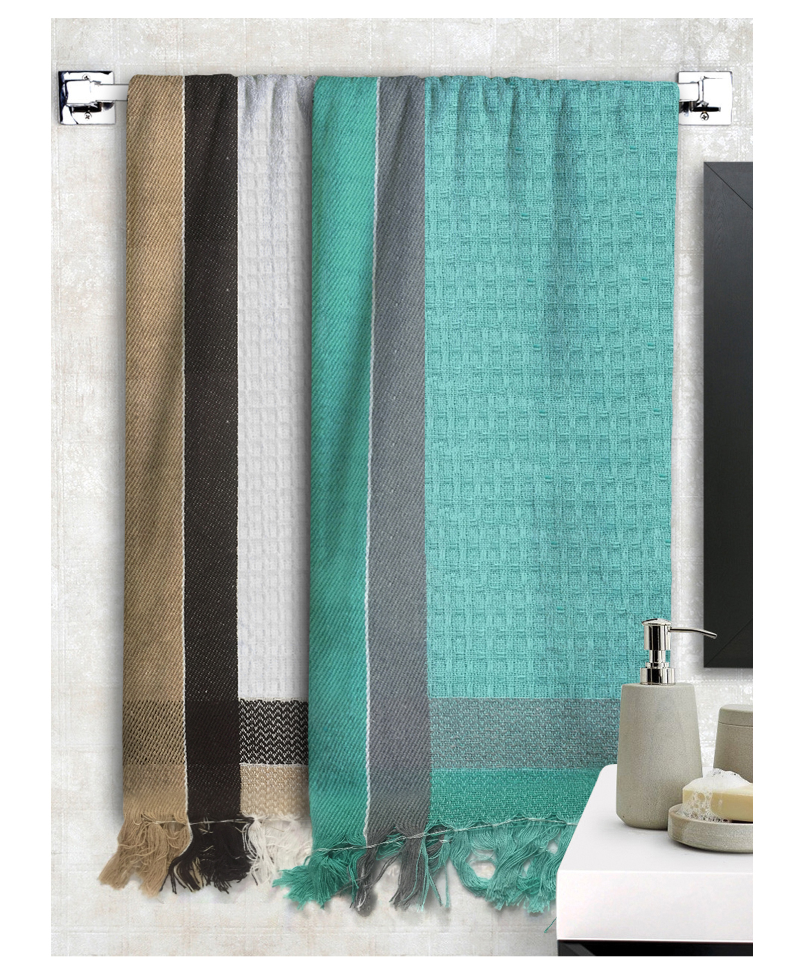 Athom Living 100% Cotton Bath Towel Waffle Border Pack Of 2 - White Green-picture-28
