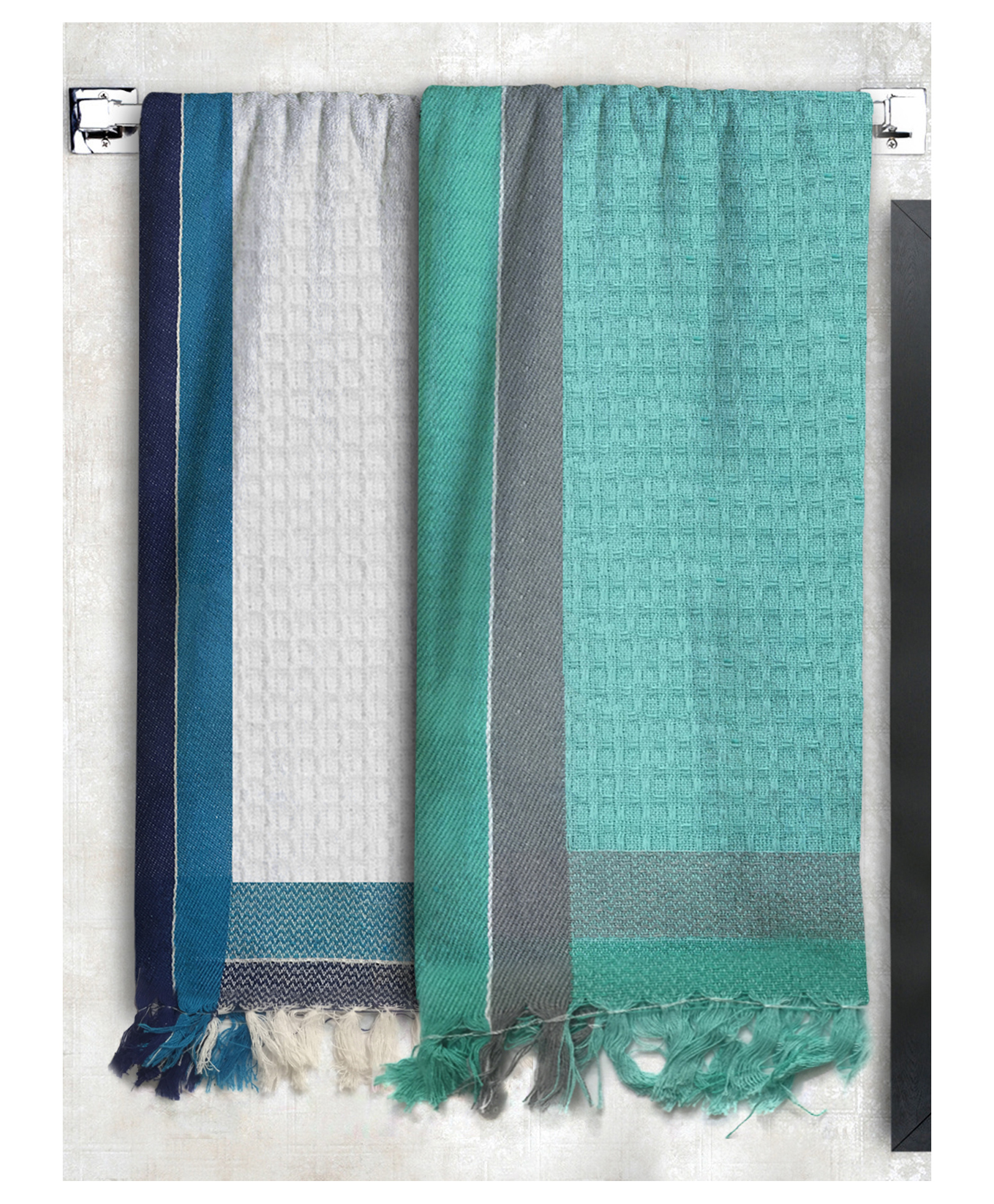 Athom Living 100% Cotton Bath Towel Waffle Border Pack Of 2 - White Green-picture-30