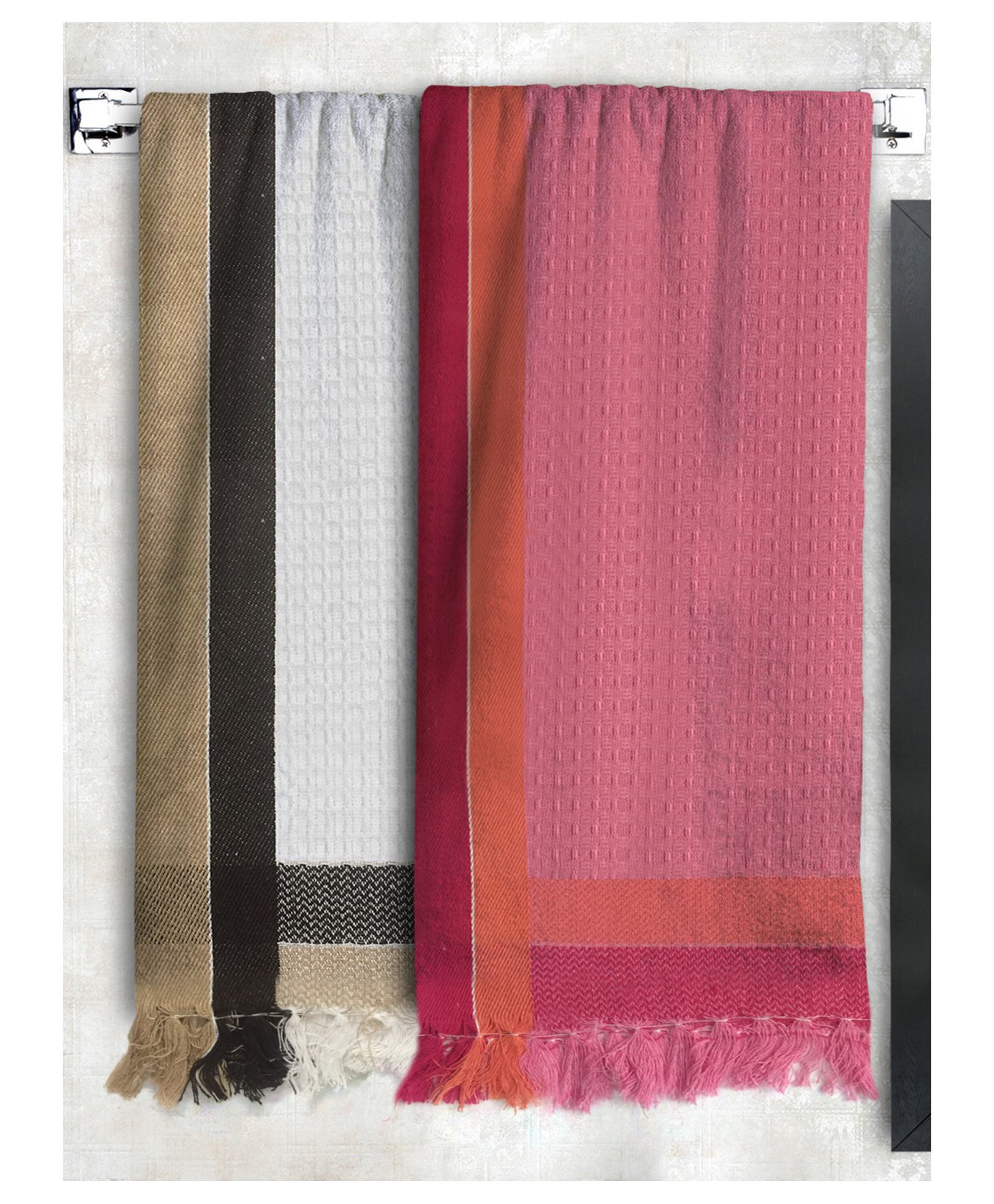Athom Living 100% Cotton Bath Towel Waffle Border Pack Of 2 - White Pink-picture-46