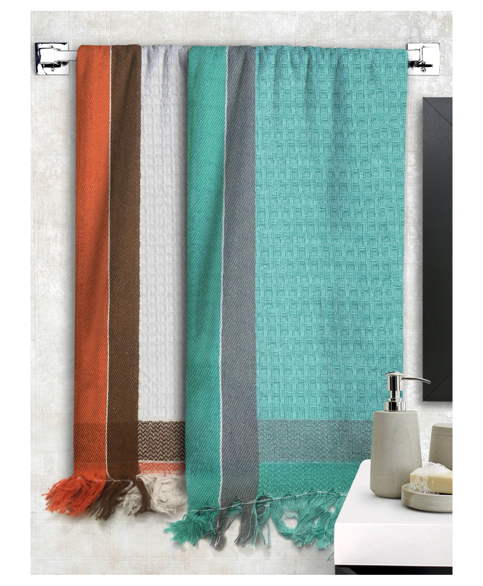 Athom Living 100% Premium Cotton Bath Towel Waffle Border Pack Of 2 - Multicolor-picture-33