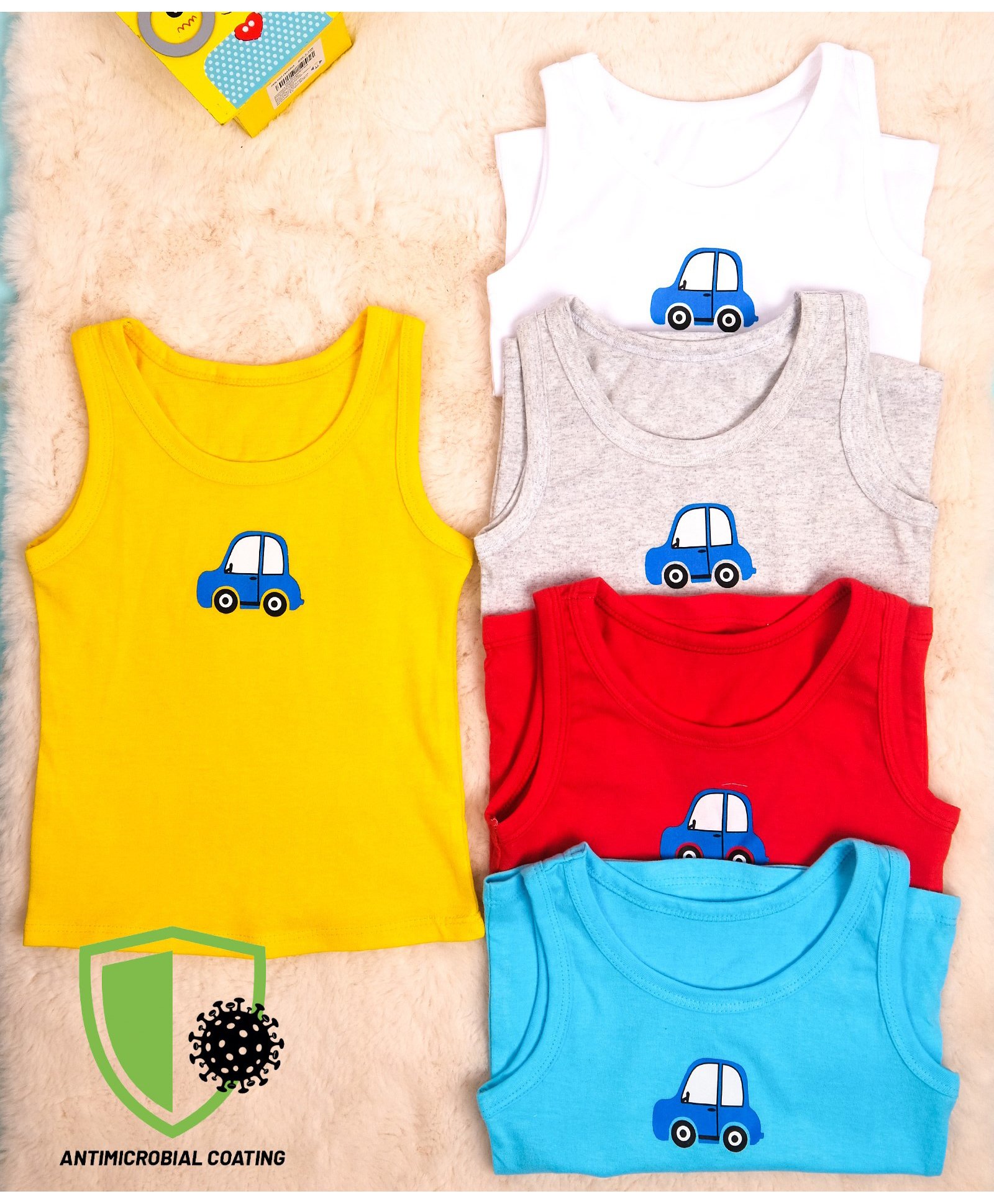 COCOON ORGANICS Anti-Microbial Pack Of 5 Sleeveless Car Print Vests - Multi Colour-picture-25