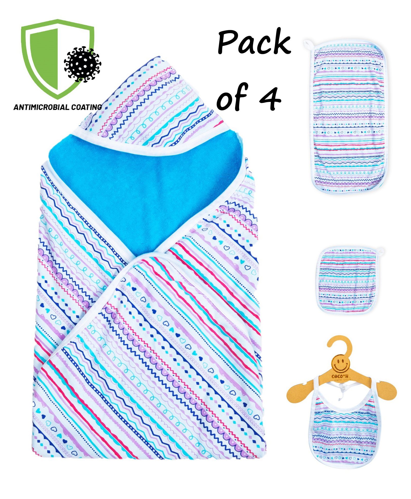COCOON ORGANICS Anti Microbial Cotton Super Soft Terry Towel Swaddle & Burp Cloth With Wash Cloth And Bib Set - Blue-image-39