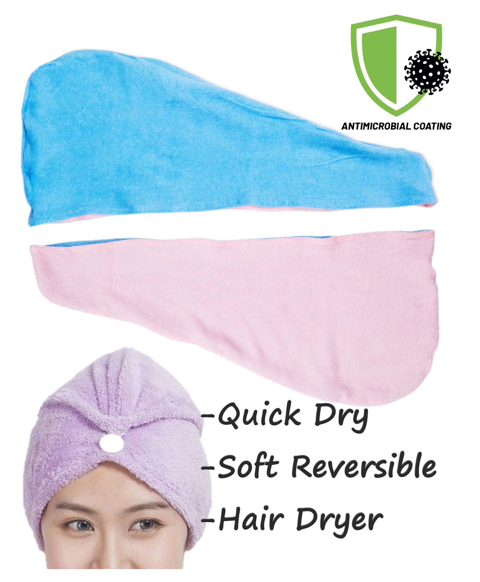 COCOON ORGANICS Anti Microbial Cotton Super Soft Reversible Double Sided Hair Dryer Terry Towel - Blue Pink-image-0