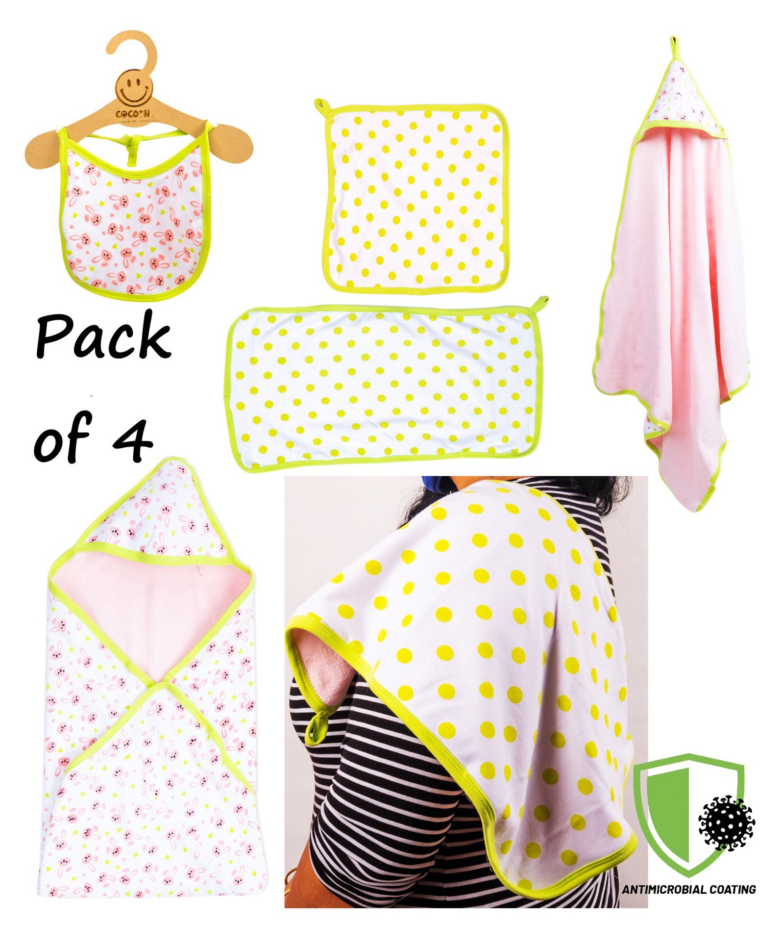 COCOON ORGANICS Anti Microbial Cotton Super Soft Terry Towel Swaddle & Burp Cloth With Wash Cloth And Bib Set - Yellow-image-41