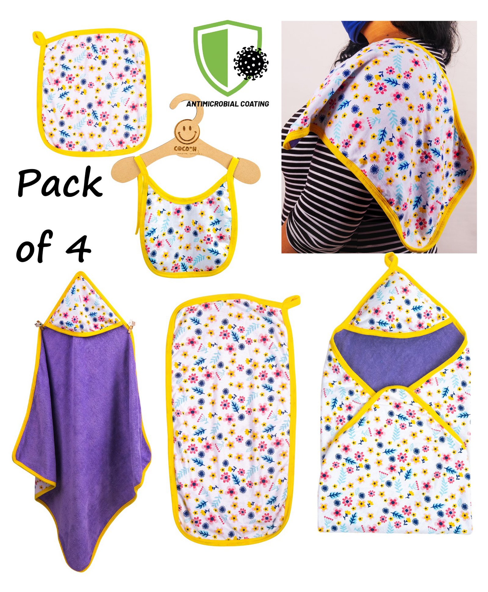 COCOON ORGANICS Pack Of 4 Anti Microbial Cotton Super Soft Terry Towel Swaddle & Burp Cloth With Wash Cloth And Bib Set - Purple-image-48