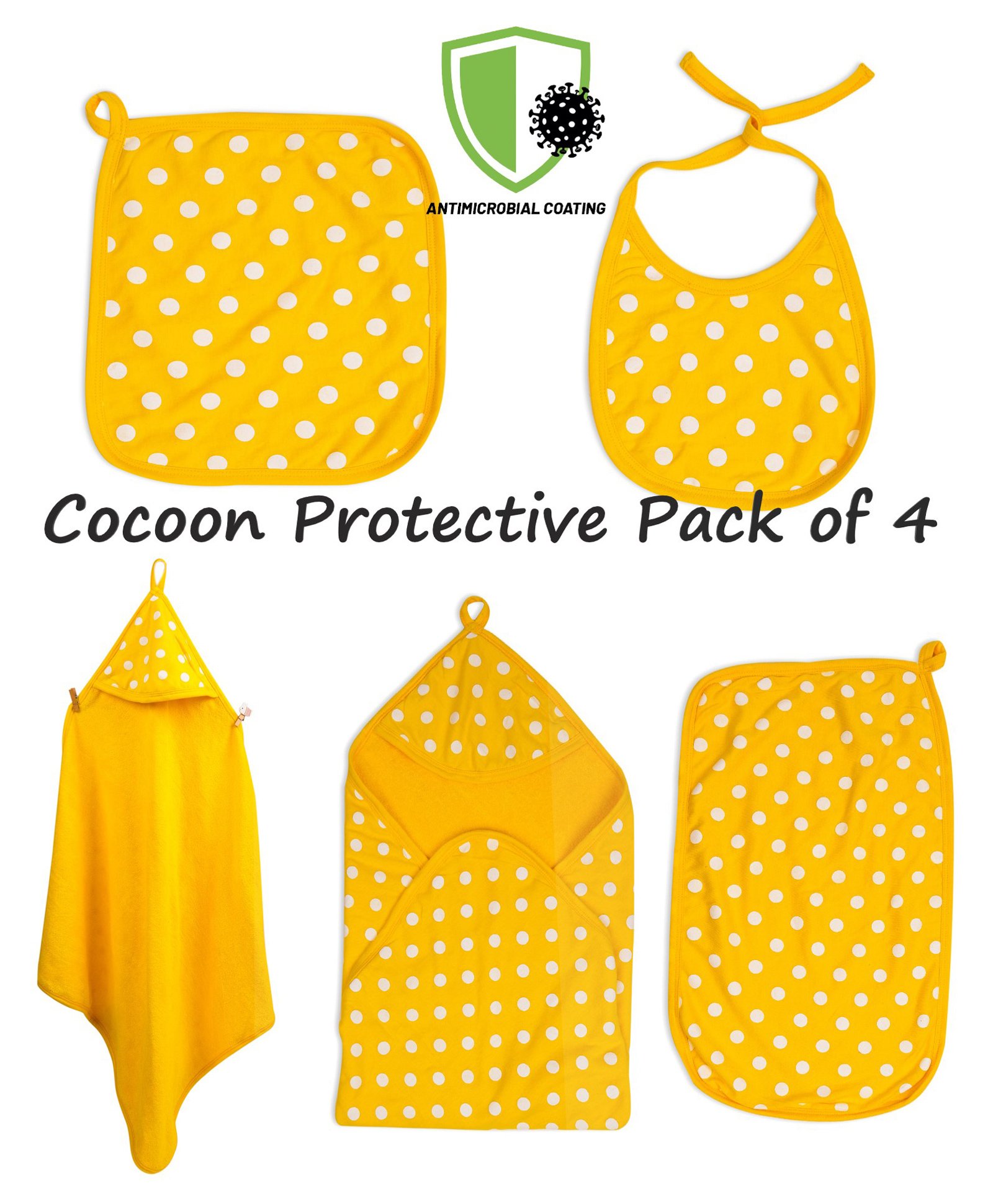 COCOON ORGANICS Pack Of 4 Anti Microbial Cotton Super Soft Terry Towel Swaddle With Burp Cloth & Wash Cloth And Bib Set - Yellow-image-49