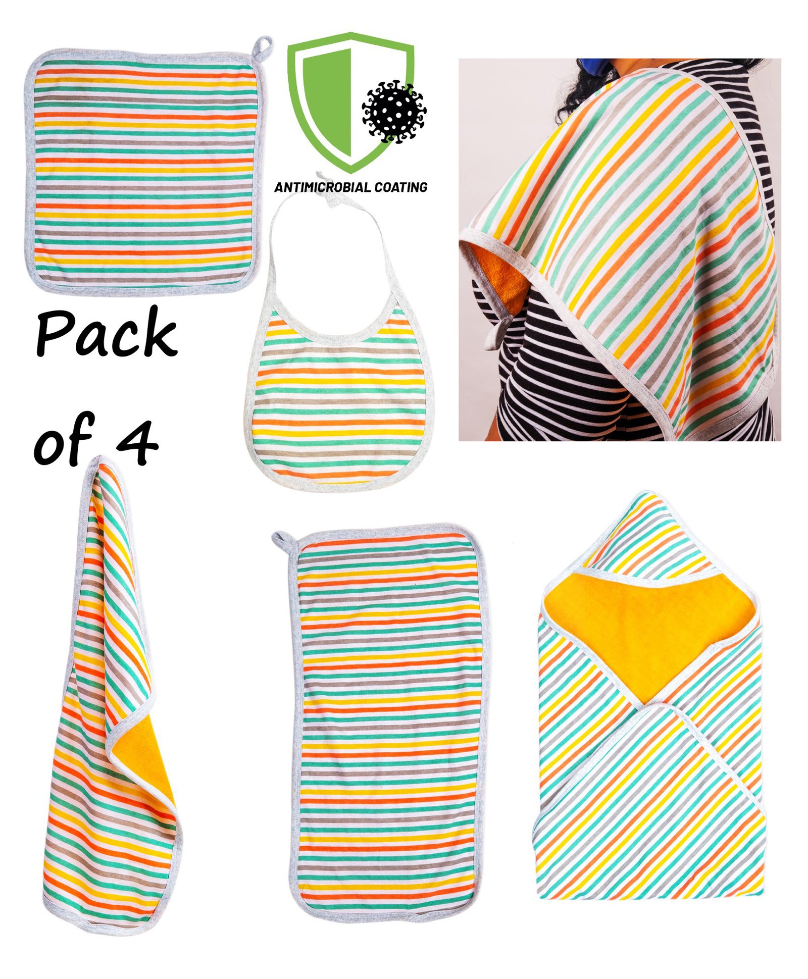 COCOON ORGANICS Pack Of 4 Striped Anti Microbial Cotton Super Soft Terry Towel Swaddle With Burp Cloth & Wash Cloth And Bib Set - Yellow-image-6