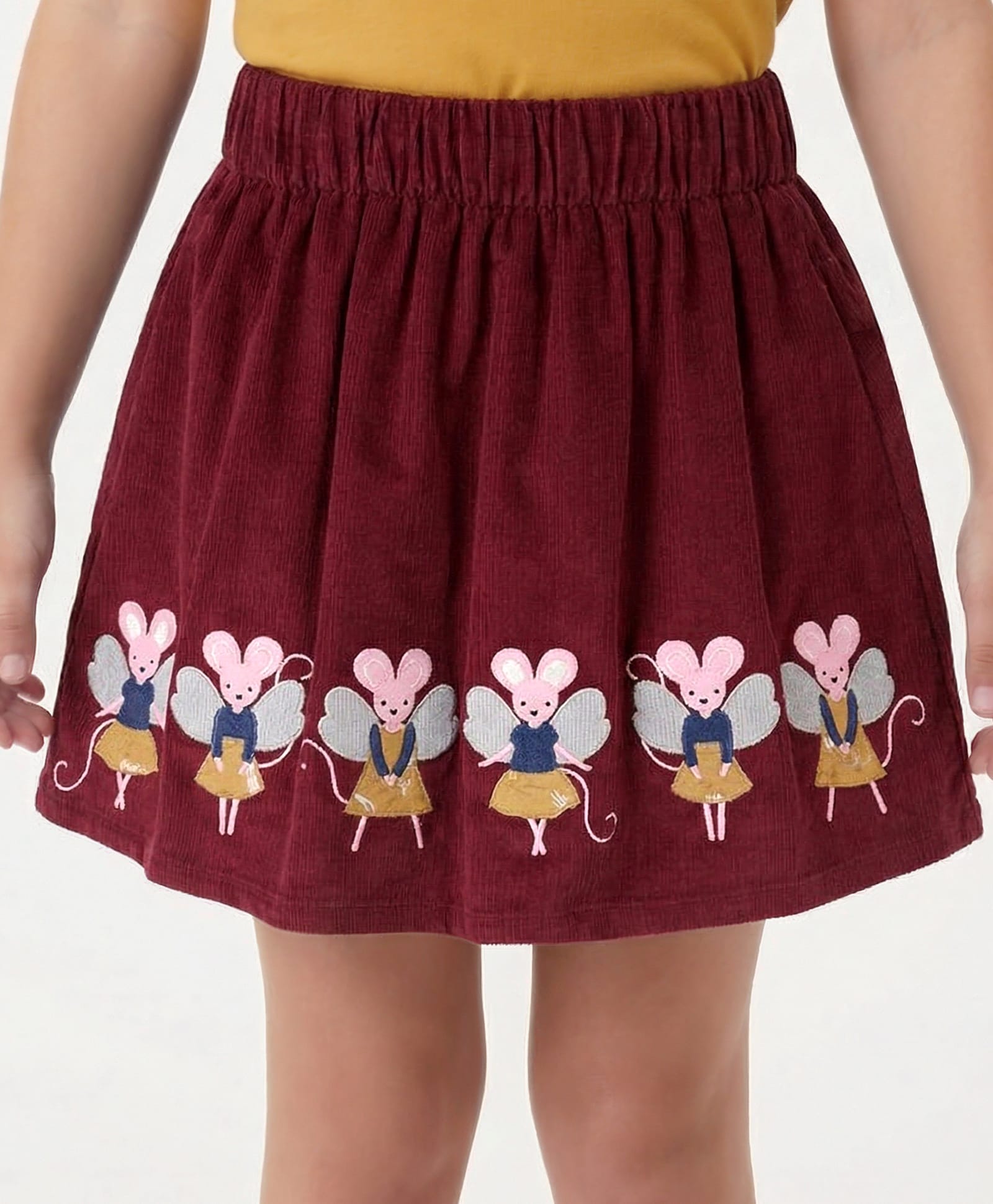 Lilly + Sid 100% Cotton Knee Length Applique Hem Skirt Mice Design - Burgundy-picture-24