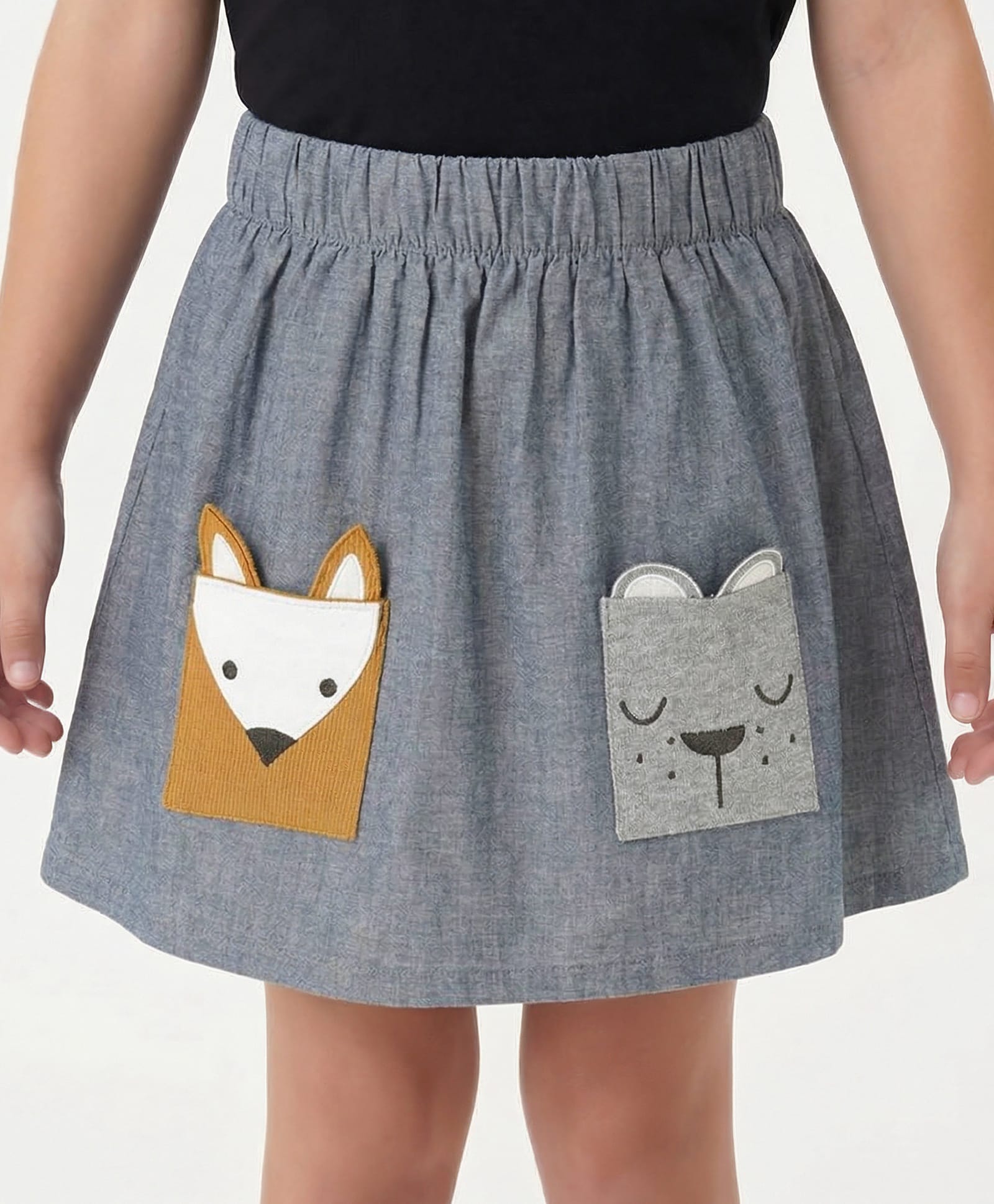 Lilly + Sid 100% Cotton Chambray Knee Length Skirt with Animal Applique Pocket - Blue-picture-24