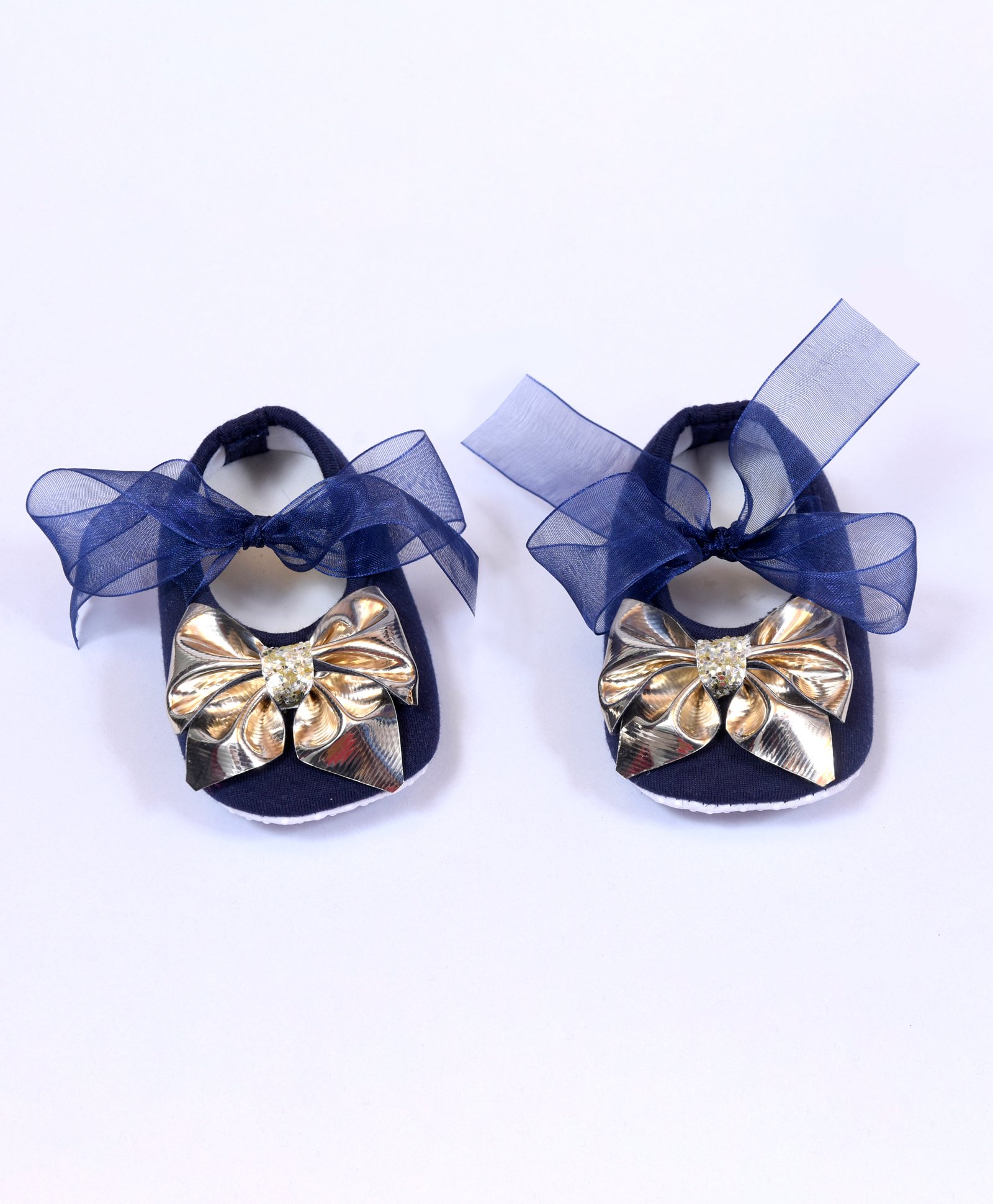 Daizy Organza Ribbon Booties With Golden Shimmer Bow - Navy Blue-image-31