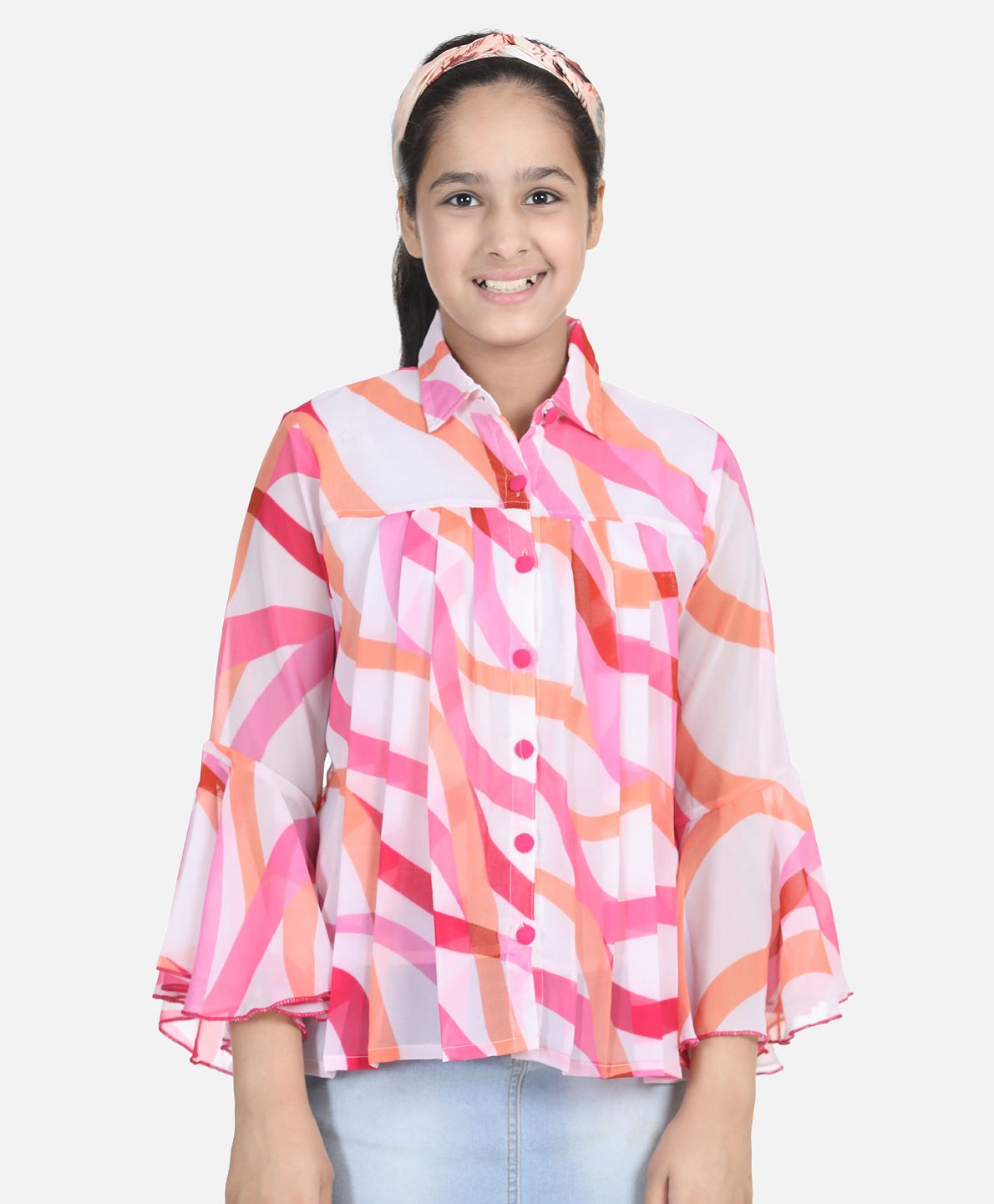 Cutiekins Full Sleeves Printed Shirt Style Top - White & Margenta Pink-picture-17