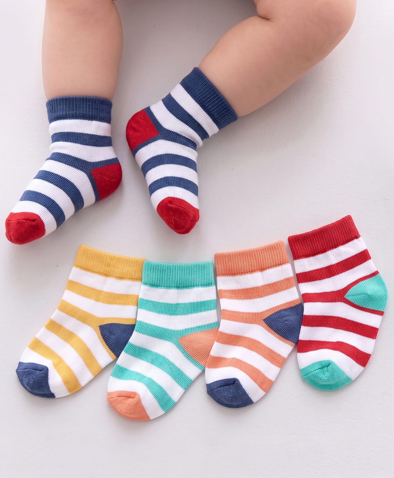 Cutewalk by Babyhug Anti-bacterial Ankle Length Terry Socks Pack of 5 Striped - Yellow Blue Orange Navy Red-image-17