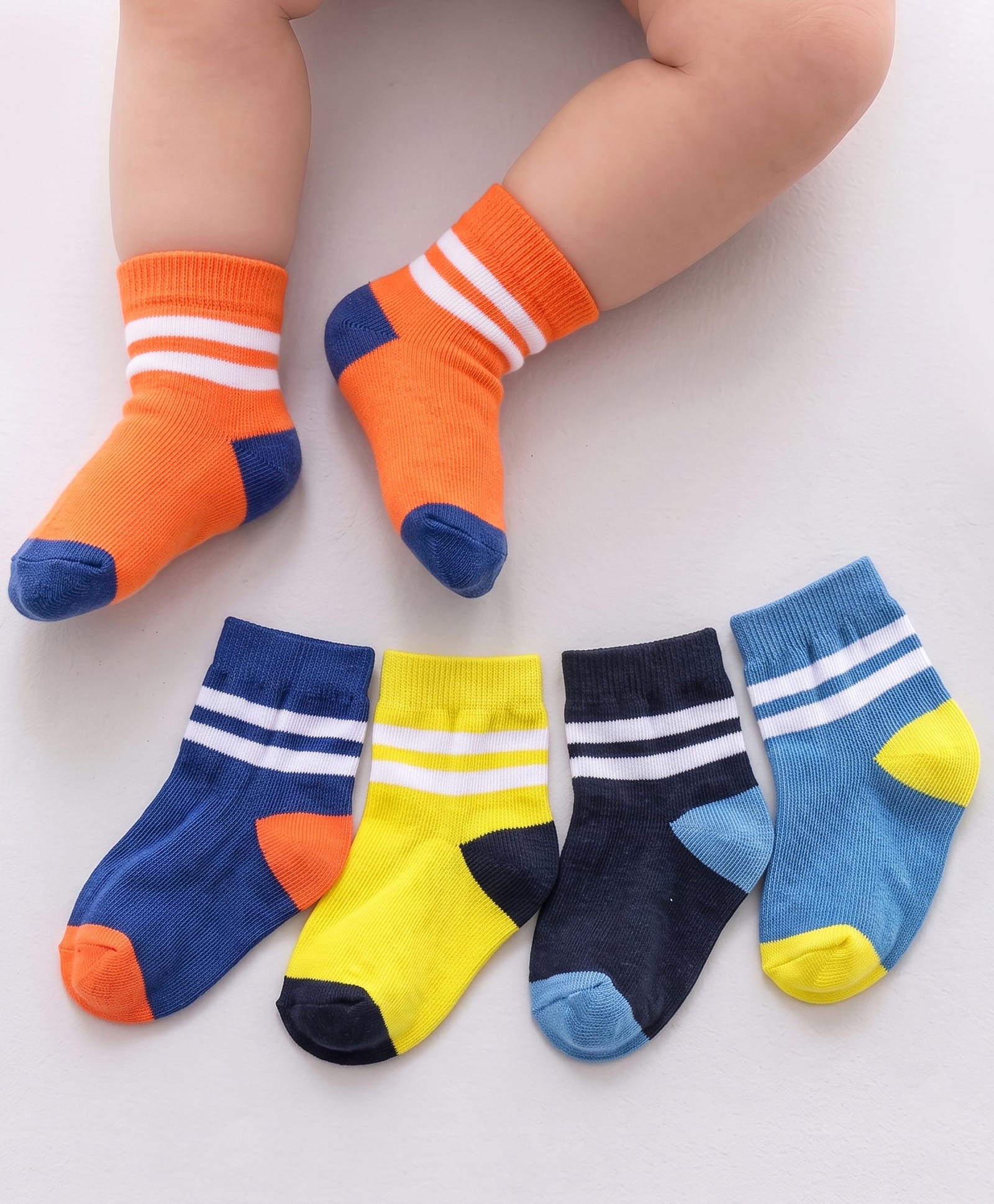 Cute Walk by Babyhug Ankle Length Anti Bacterial Striped Socks Pack of 5 - Blue Yellow Orange-image-49