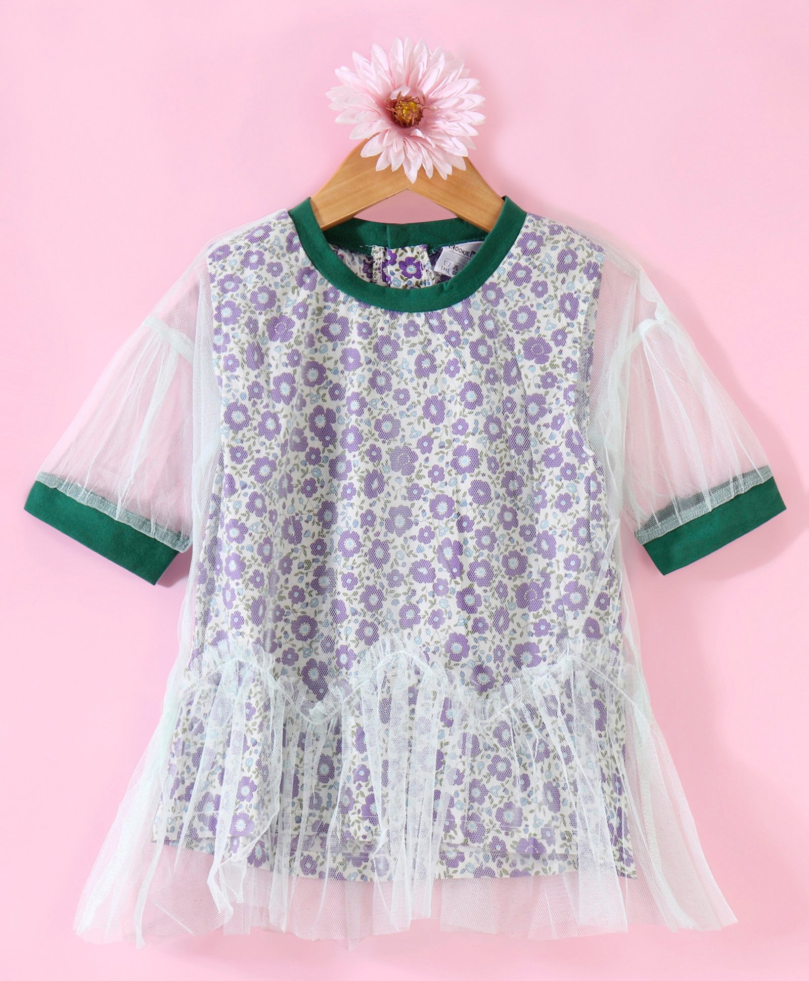 Kookie Kids Half Sleeves Netted Top Floral Print  - Multicolor-picture-24