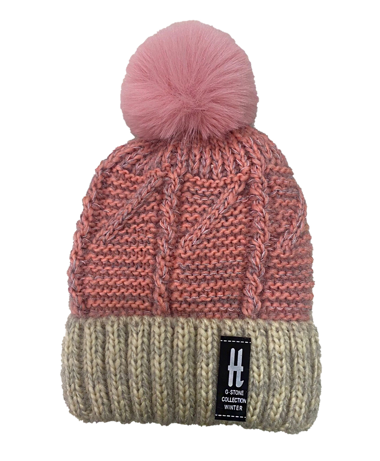 SYGA Knitted Faux Fur Bobble Pom Pom Woollen Cap Pink - Diameter 17 cm