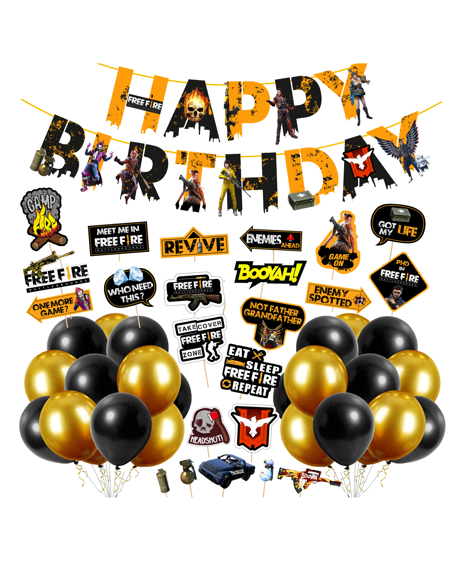 Zyozi Free Fire Theme Birthday Decoration Kit Gold Black - Pack of 49-picture-19