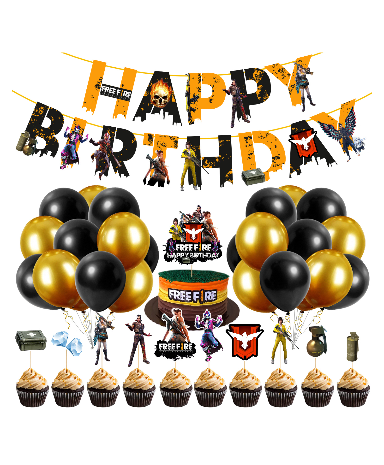 Zyozi Free Fire Theme Birthday Decoration Kit Gold Black - Pack of 37-picture-13