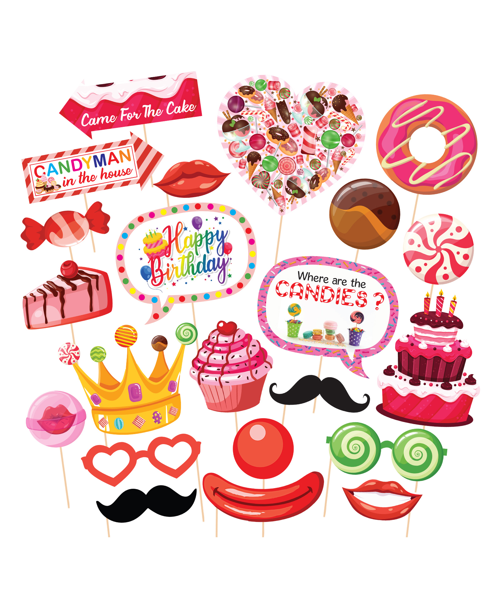 Zyozi Candy Theme Photo Booth Props With Stick Multicolour - Pack of 22-image-15