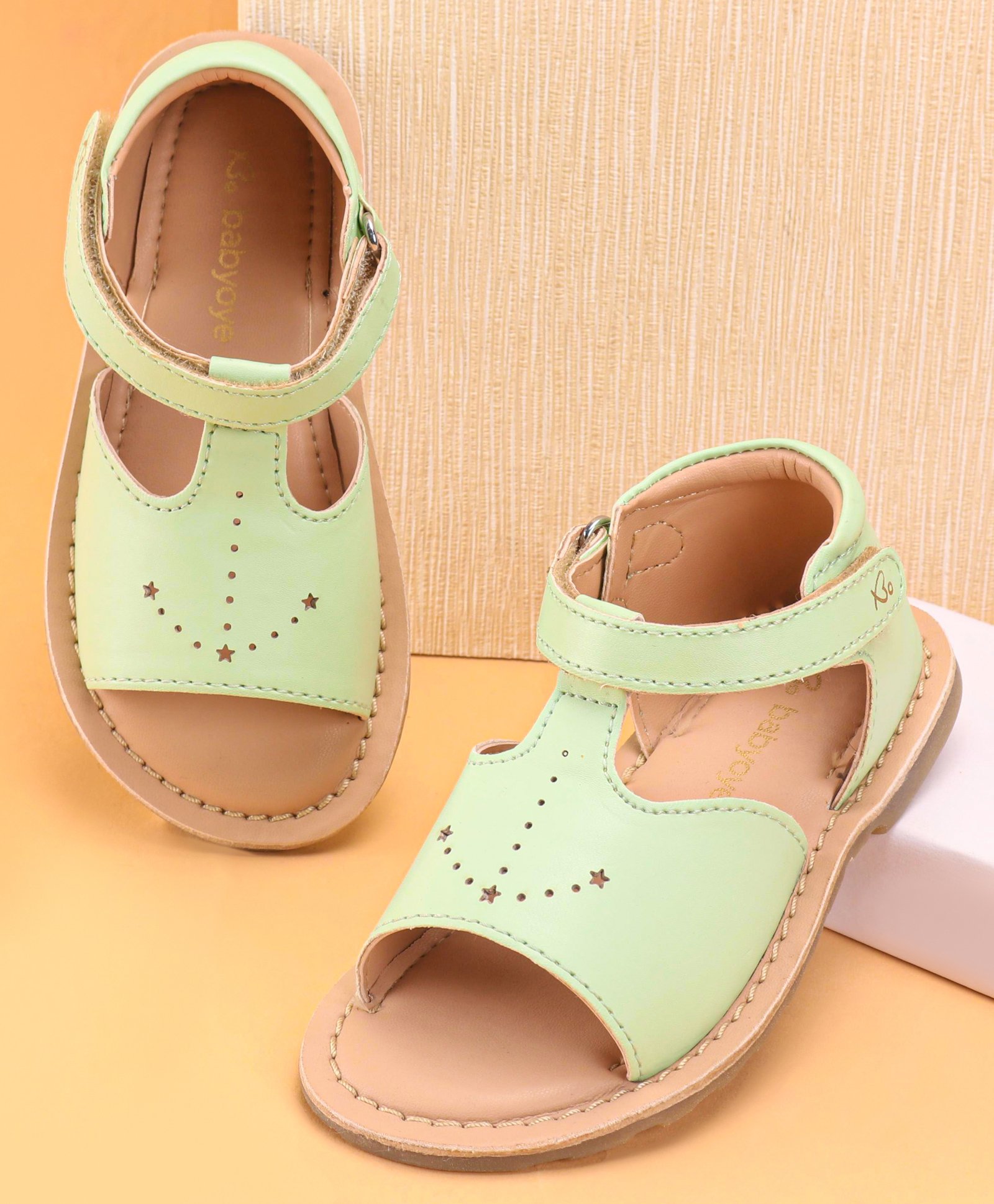 Babyoye Solid Velcro Closure Sandals - Light Green-image-1