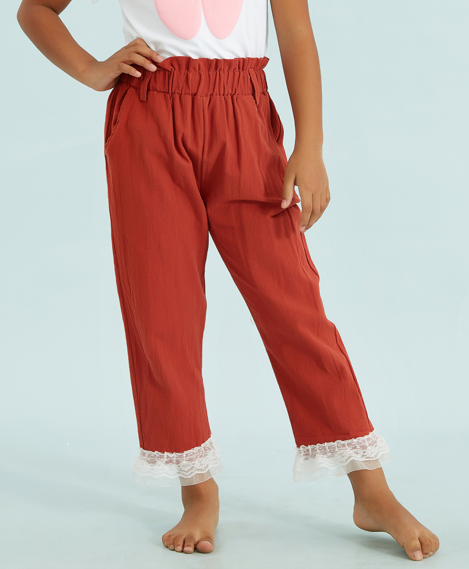 Kookie Kids Full Length Solid Pant Lace Work - Red-picture-12