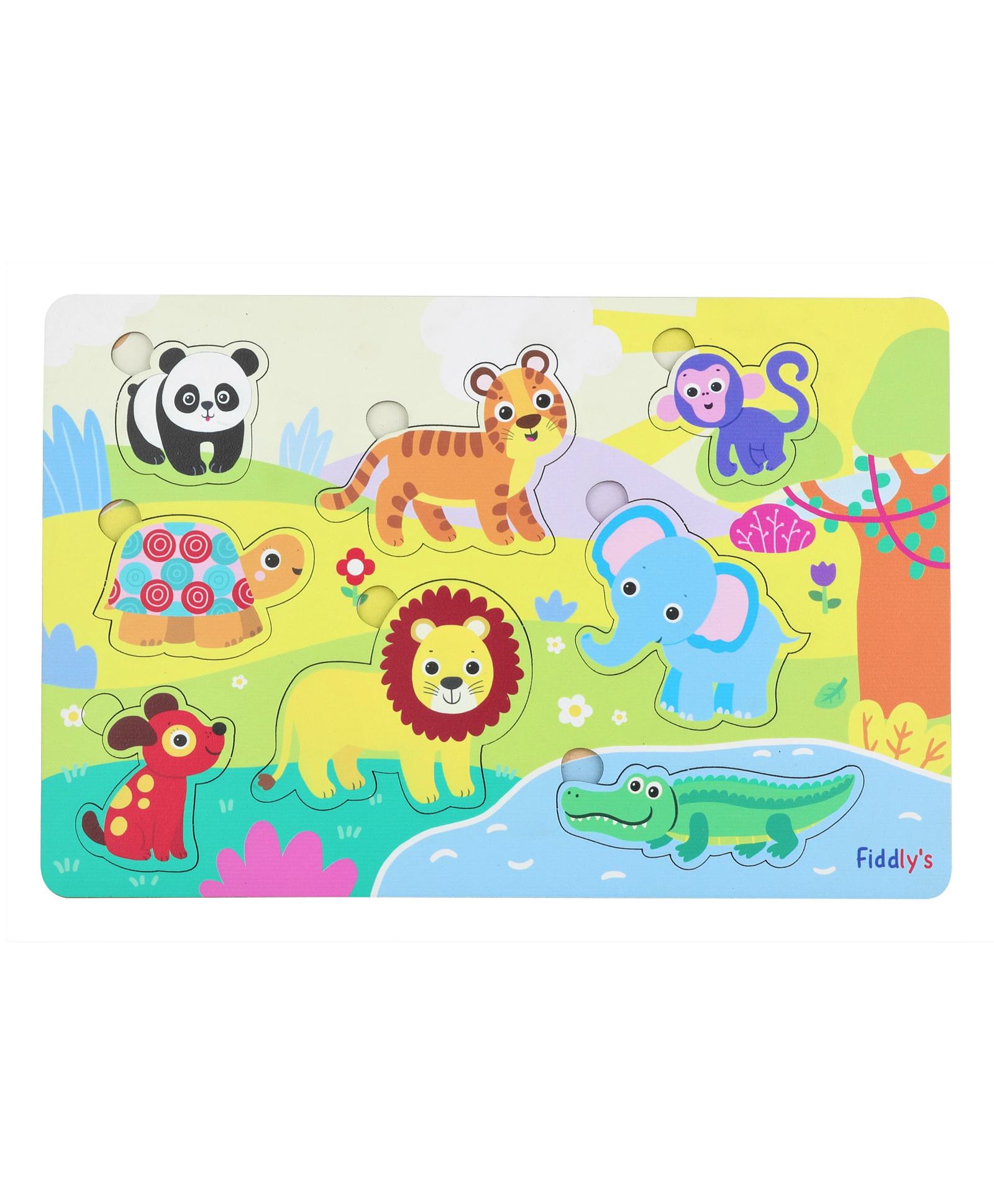 Fiddlys Wooden Wild Animals Block Puzzle Identification Tray Multicolor - 8 Pieces-image-3