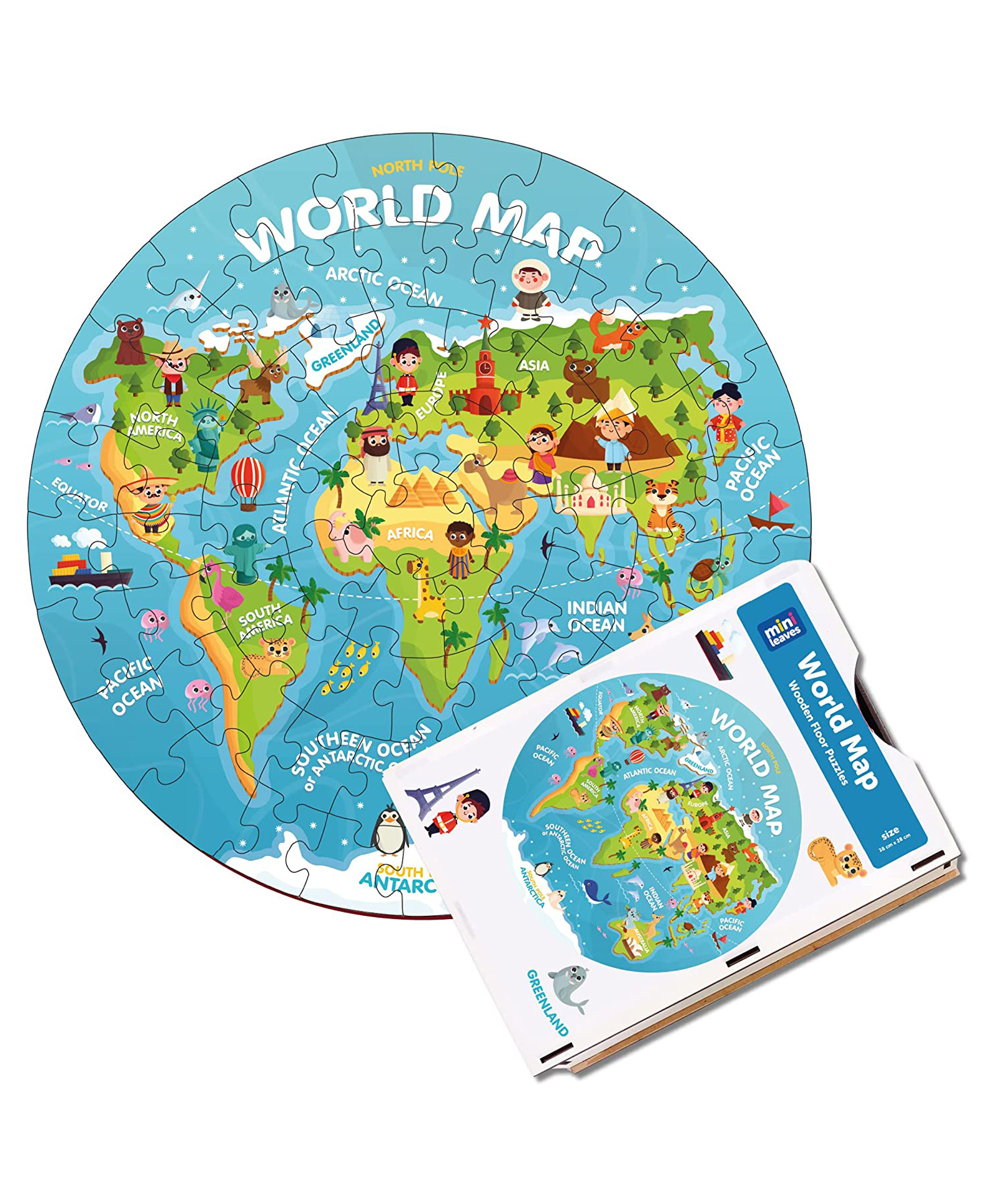 minileaves Mini Leaves 60 Pieces Wooden World Map Jigsaw Puzzle in Wooden Box-picture-14
