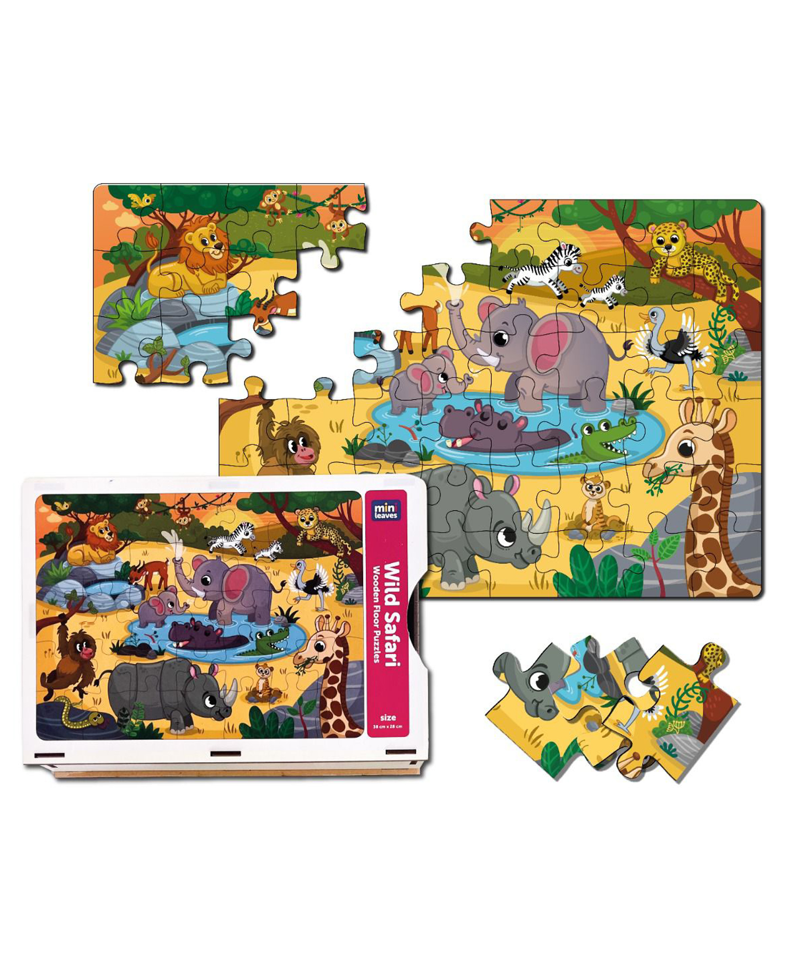 Mini Leaves 48 Pieces Wooden Wild Safari Animal Floor Jigsaw Puzzle with Wooden Box-image-29