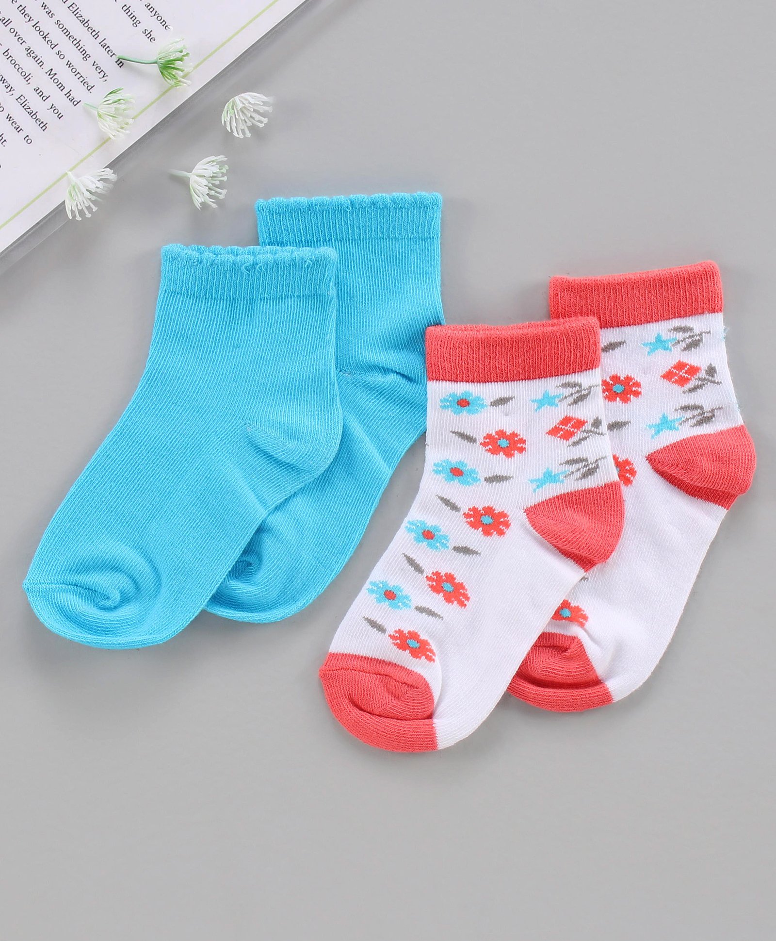 Nuluv Cotton Blend Ankle Length Socks Floral Design Pack of 2  - Blue Red-image-34