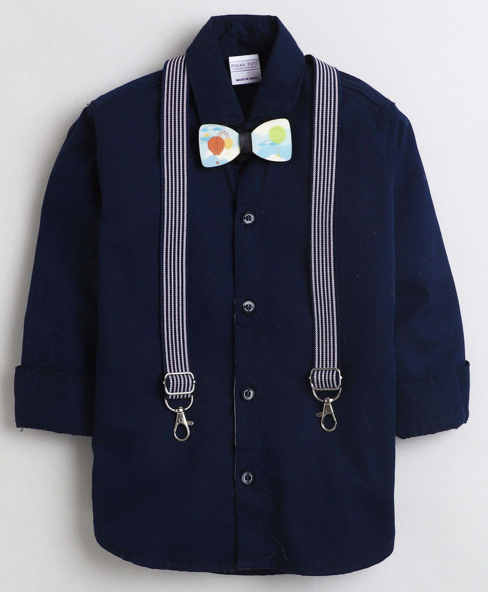 Polka Tots Full Sleeves Solid Shirt With Bow Tie & Suspenders - Navy Blue-picture-21