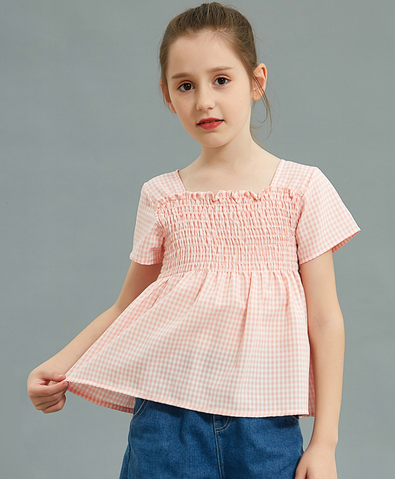 Kookie Kids Half Sleeves Smoked Checks Print Top - Peach-image-43