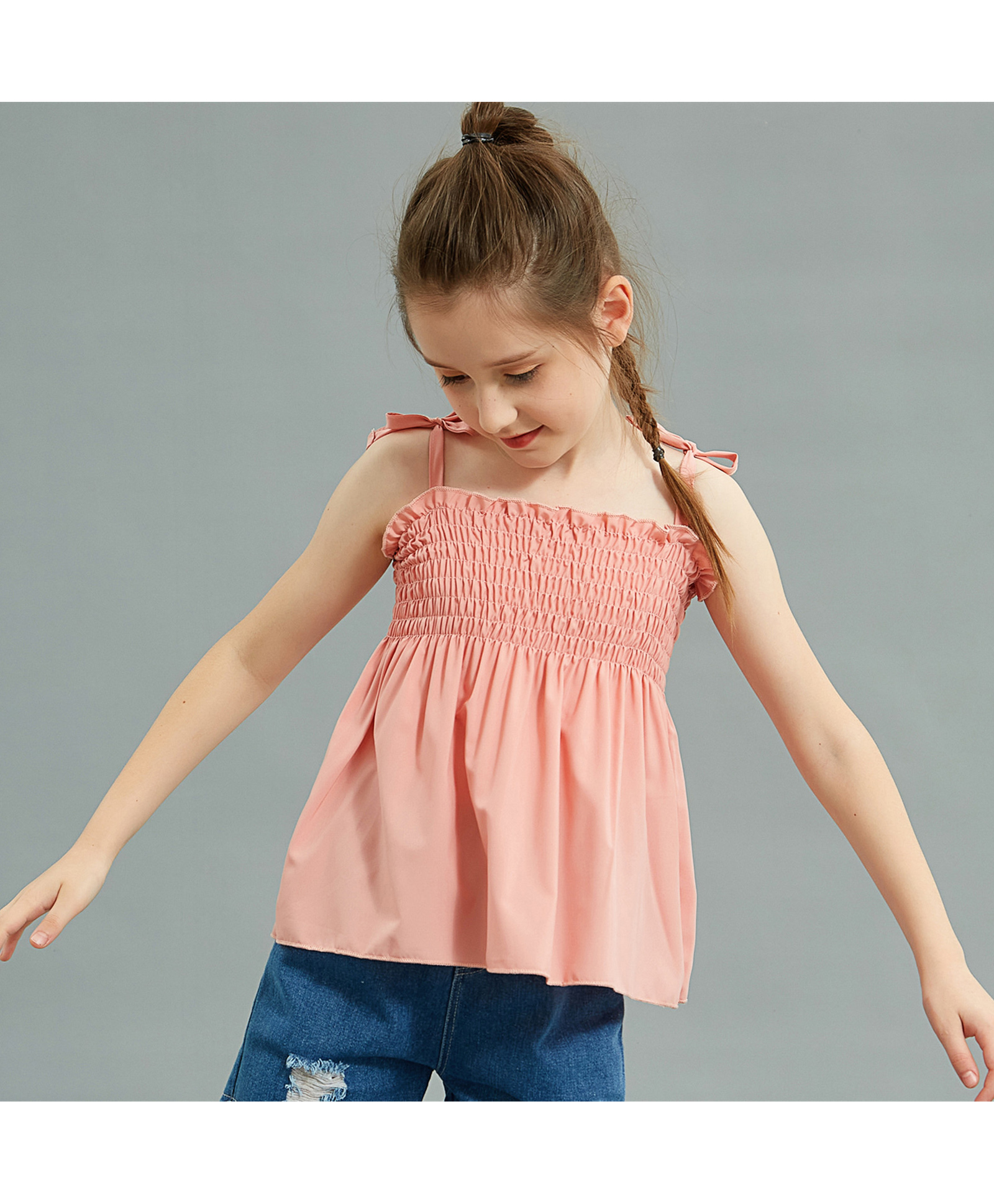 Kookie Kids Singlet Sleeves Solid Top with Smocked Detailing - Pink-picture-38