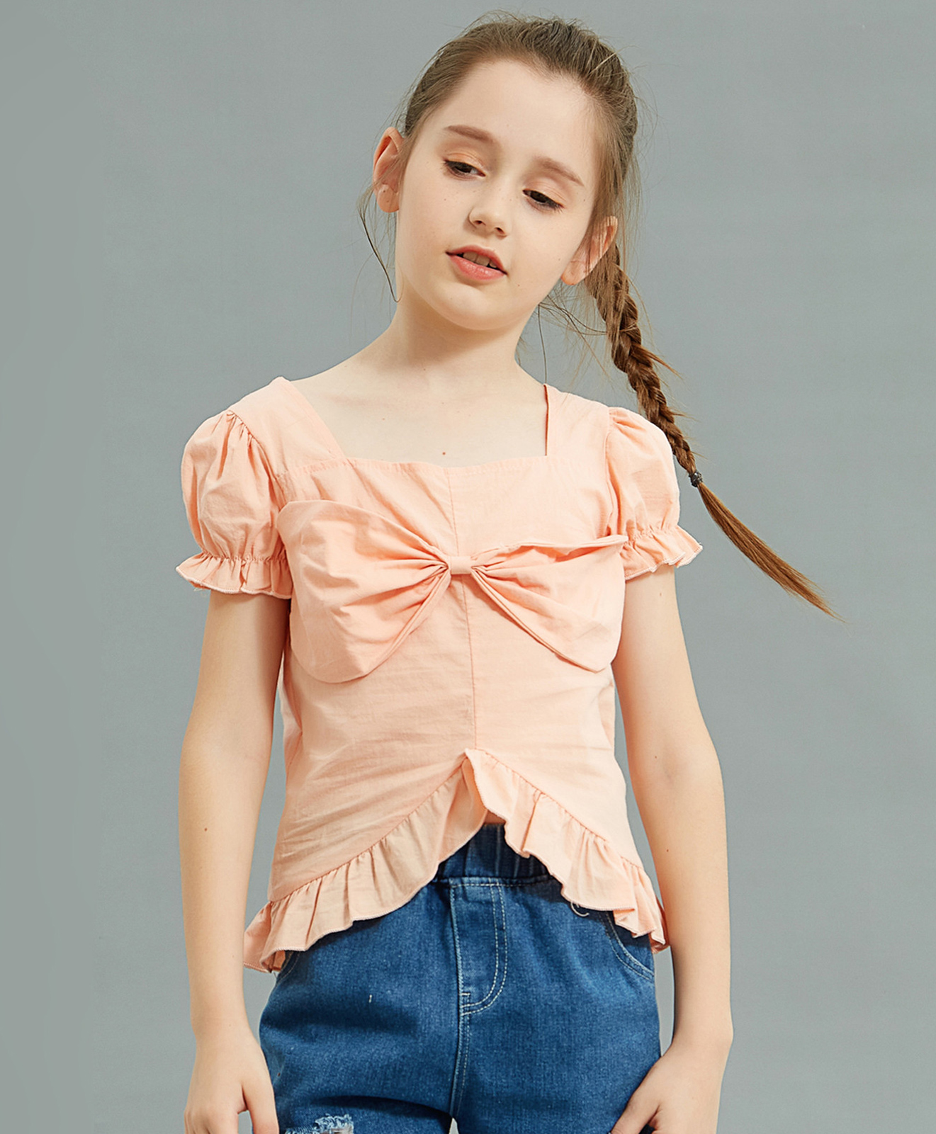 Kookie Kids Short Puffed Sleeves Top with Bow Motif - Peach-image-49