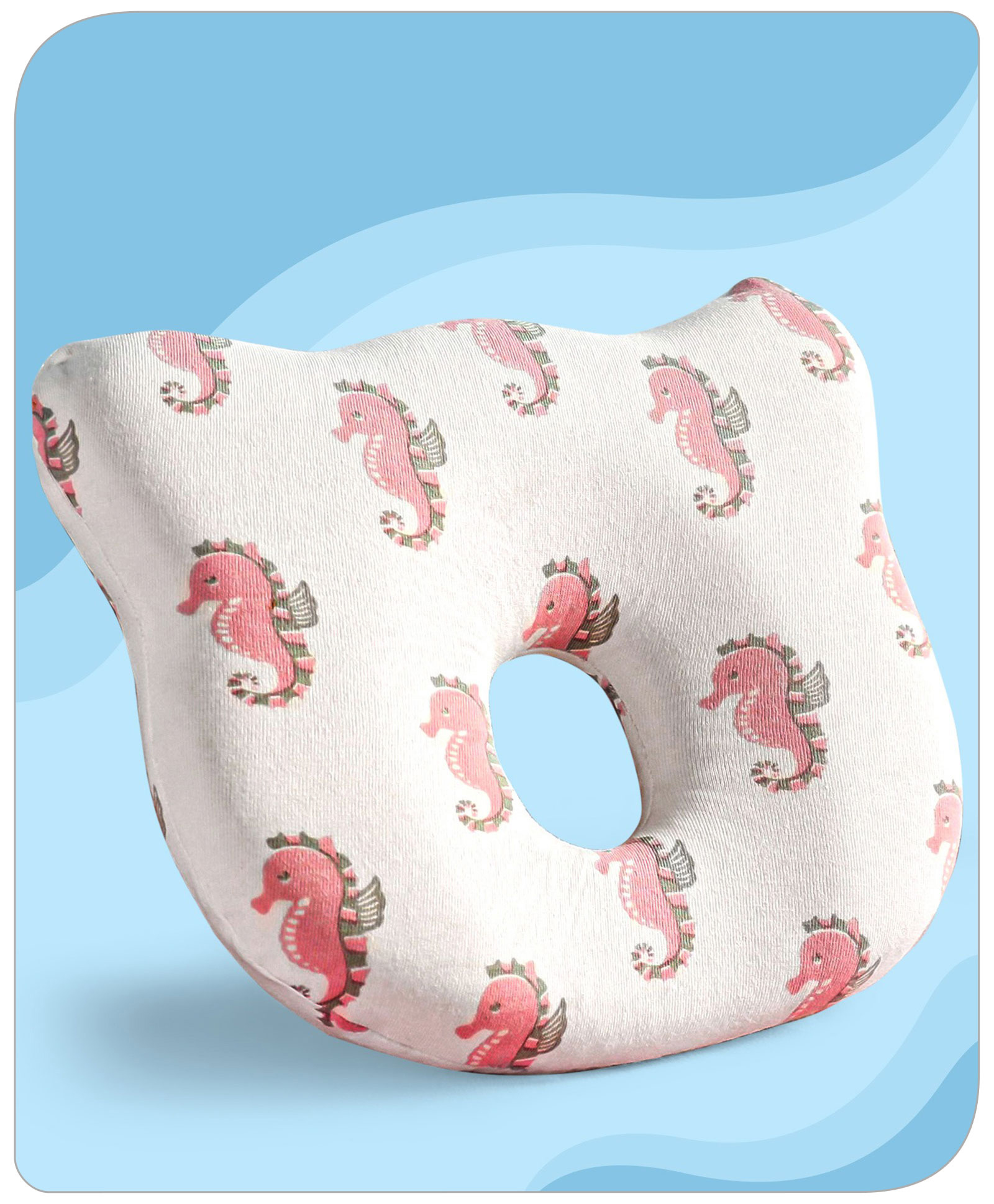 Babyhug Memory Foam Pillow Sea Horse Print - White & Pink-image-3