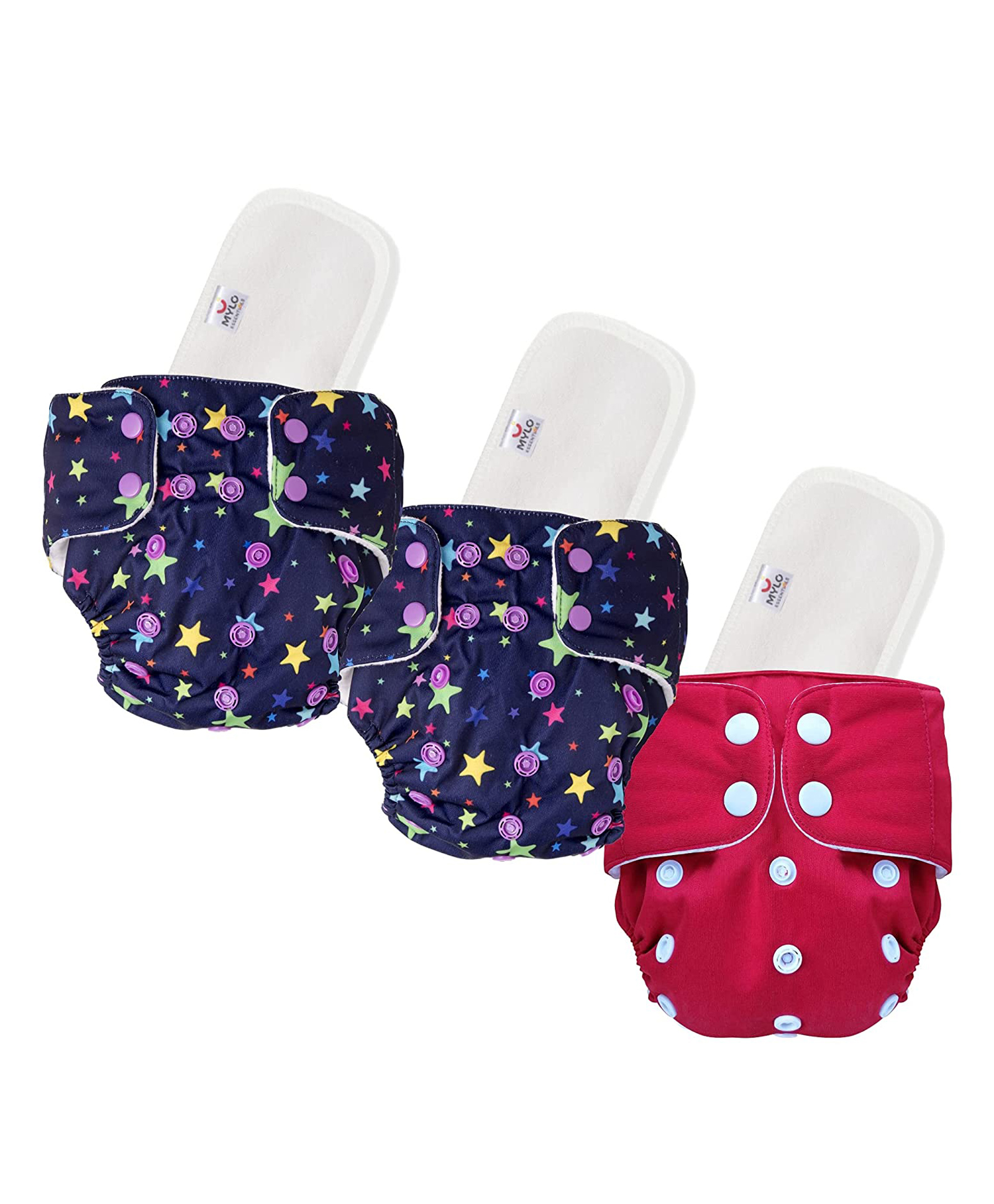 Mylo Baby Freesize Adjustable Cloth Diapers with 3 Free Insert Oeko Tex Certified Pack of 3 - Red  Twinkle Print Multicolour-image-42