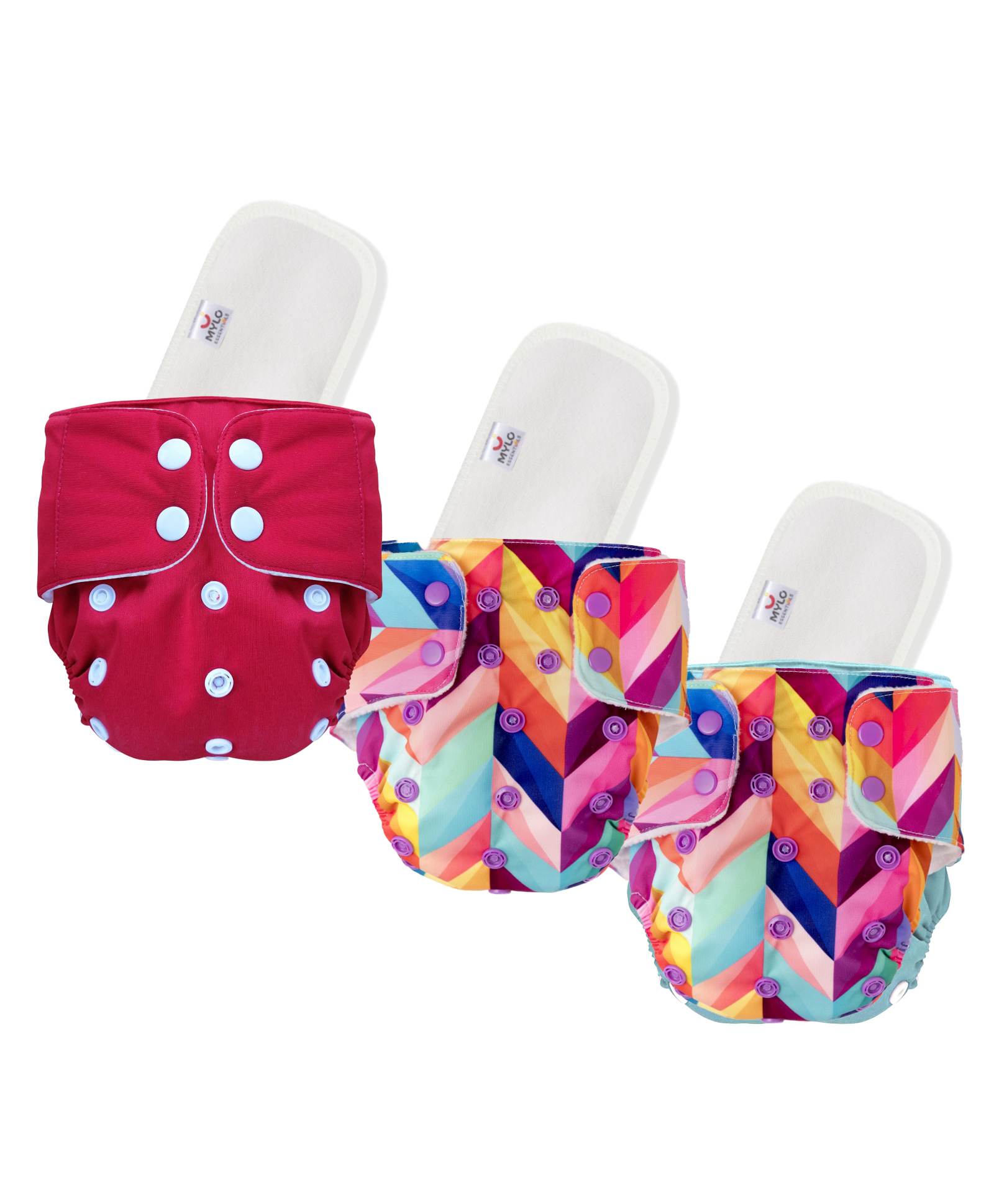 Mylo Baby Freesize Adjustable Cloth Diapers with 3 Free Insert Oeko Tex Certified Pack of 3 - Red  Rainbow Multicolour-image-37