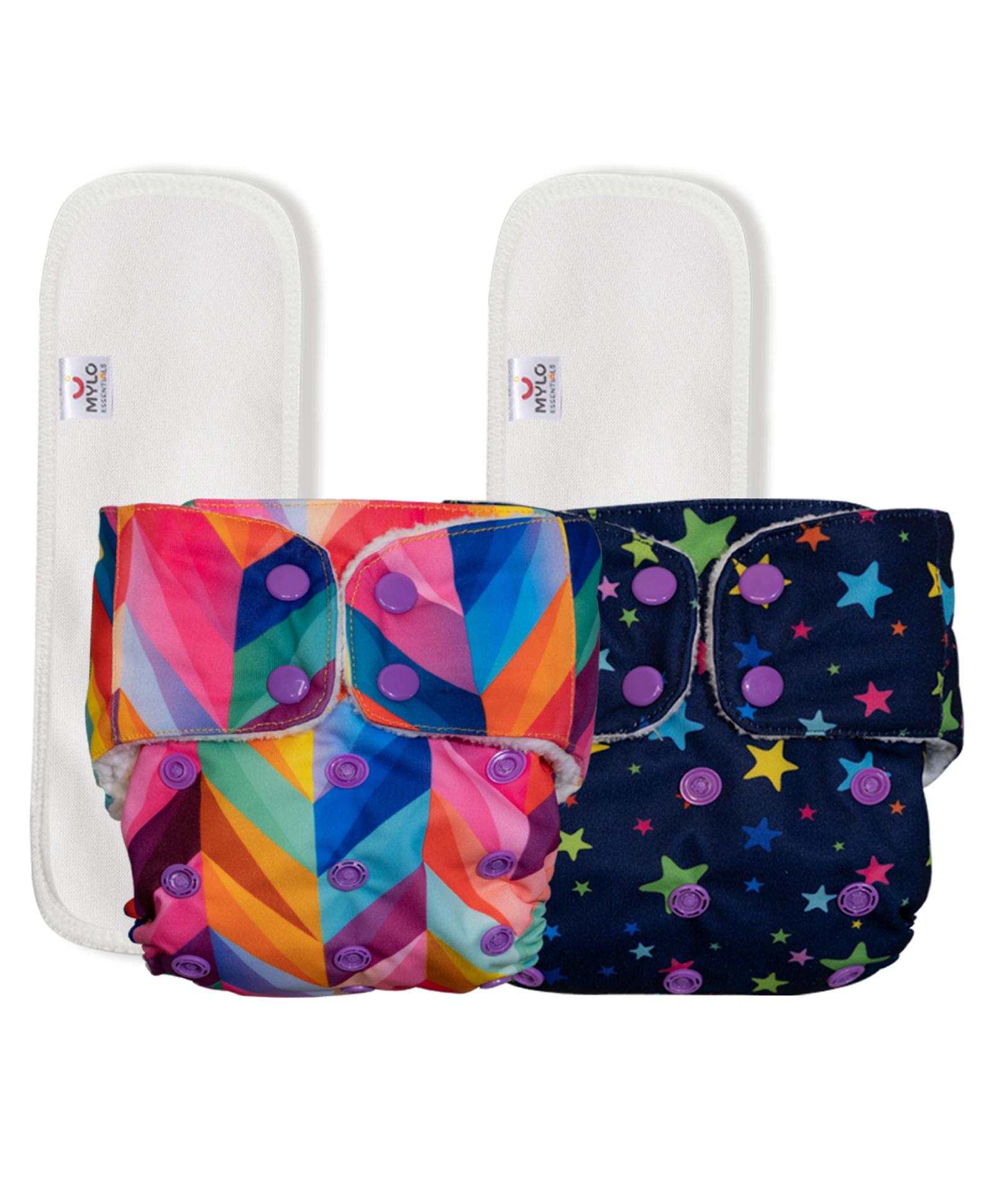 Mylo Baby Freesize Adjustable Cloth Diapers with 2 Free Insert Oeko Tex Certified Pack of 2 - Twinkle Twinkle Rainbow Multicolour-picture-23