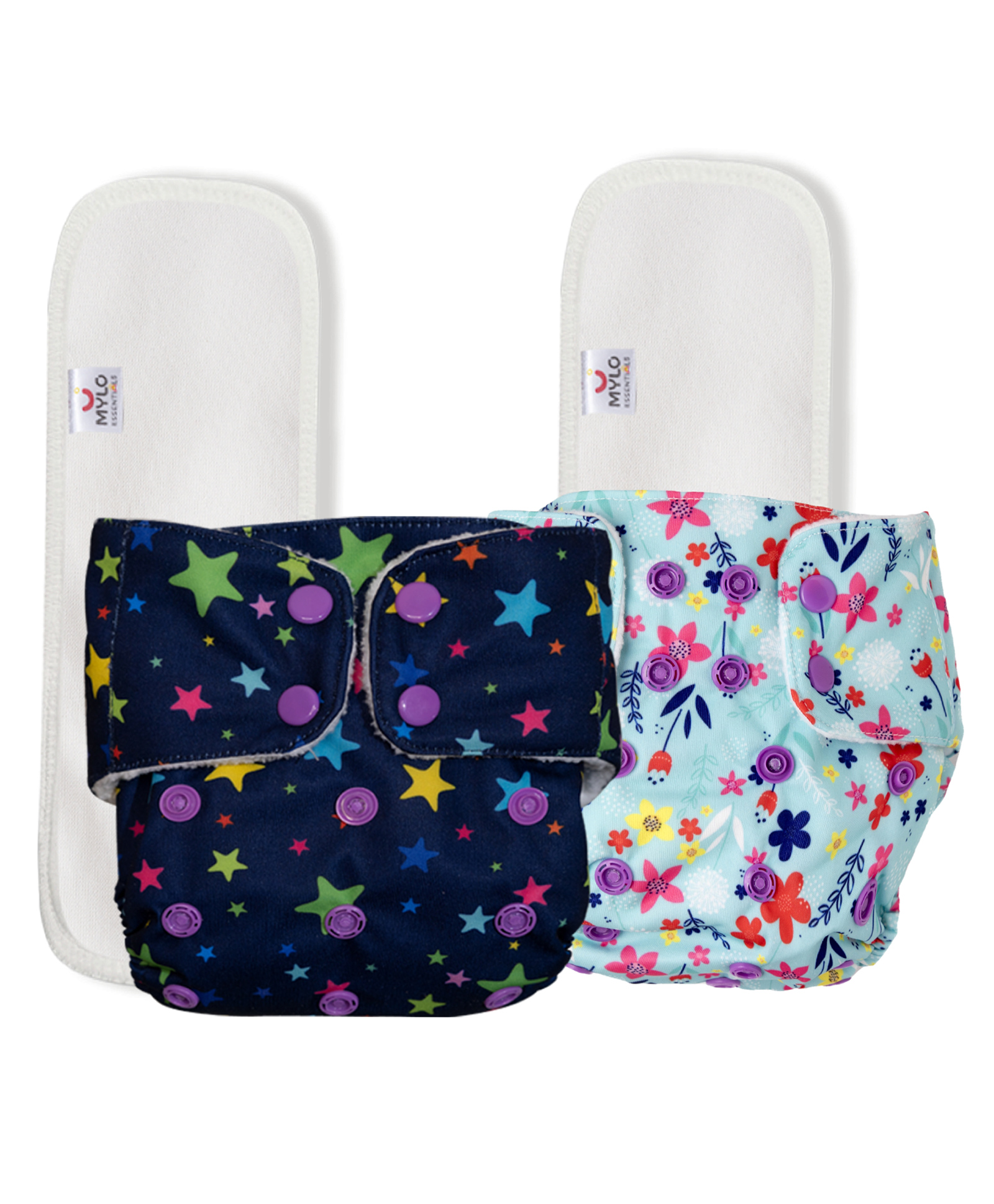 Mylo Baby Freesize Adjustable Cloth Diapers with 2 Free Insert Oeko Tex Certified Pack of 2 - Twinkle Twinkle Floral Spring Multicolour-picture-24