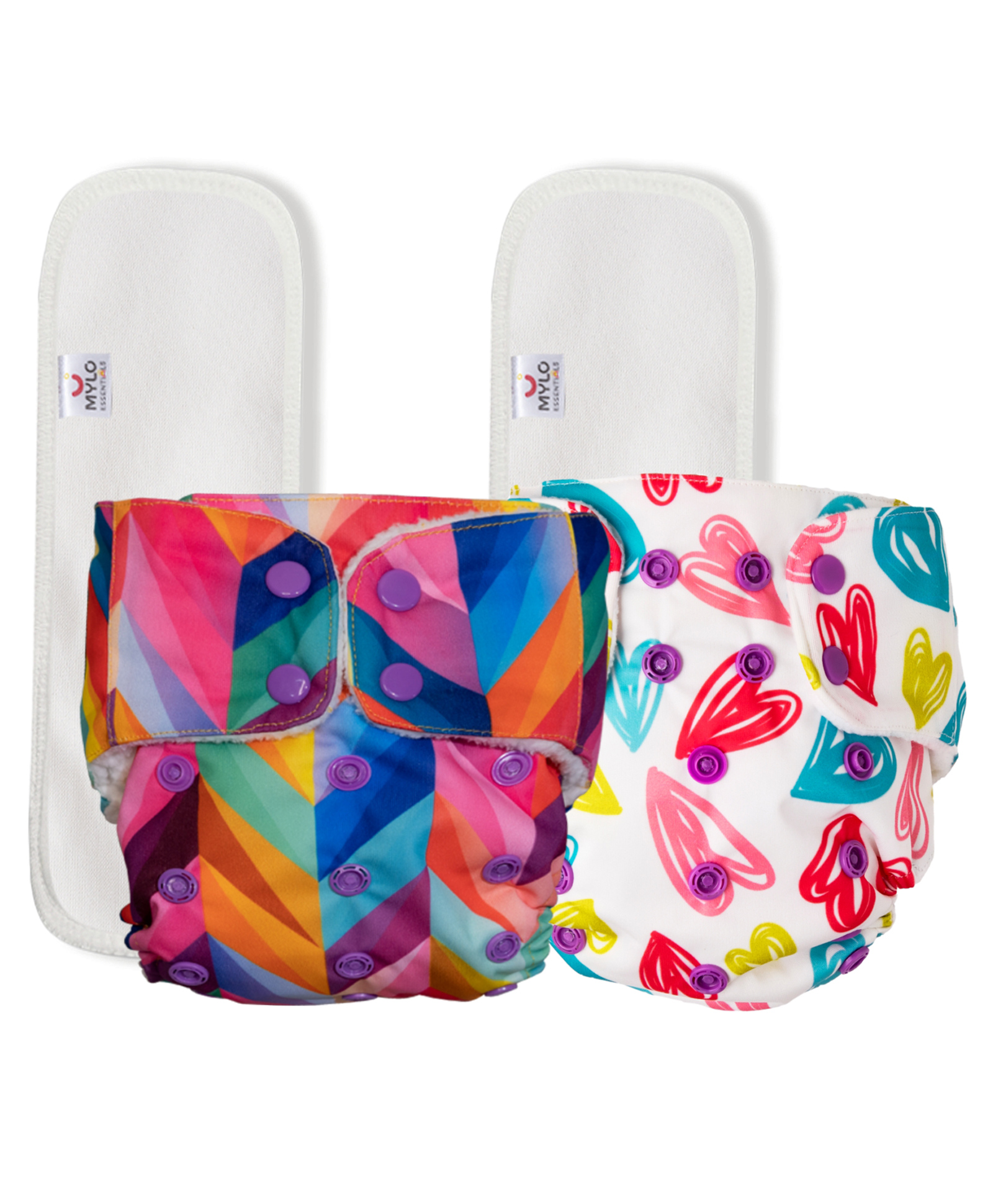 Mylo Baby Freesize Adjustable Cloth Diapers with 2 Free Insert Oeko Tex Certified Pack of 2 - Heart Doodles Rainbow Multicolour-picture-19