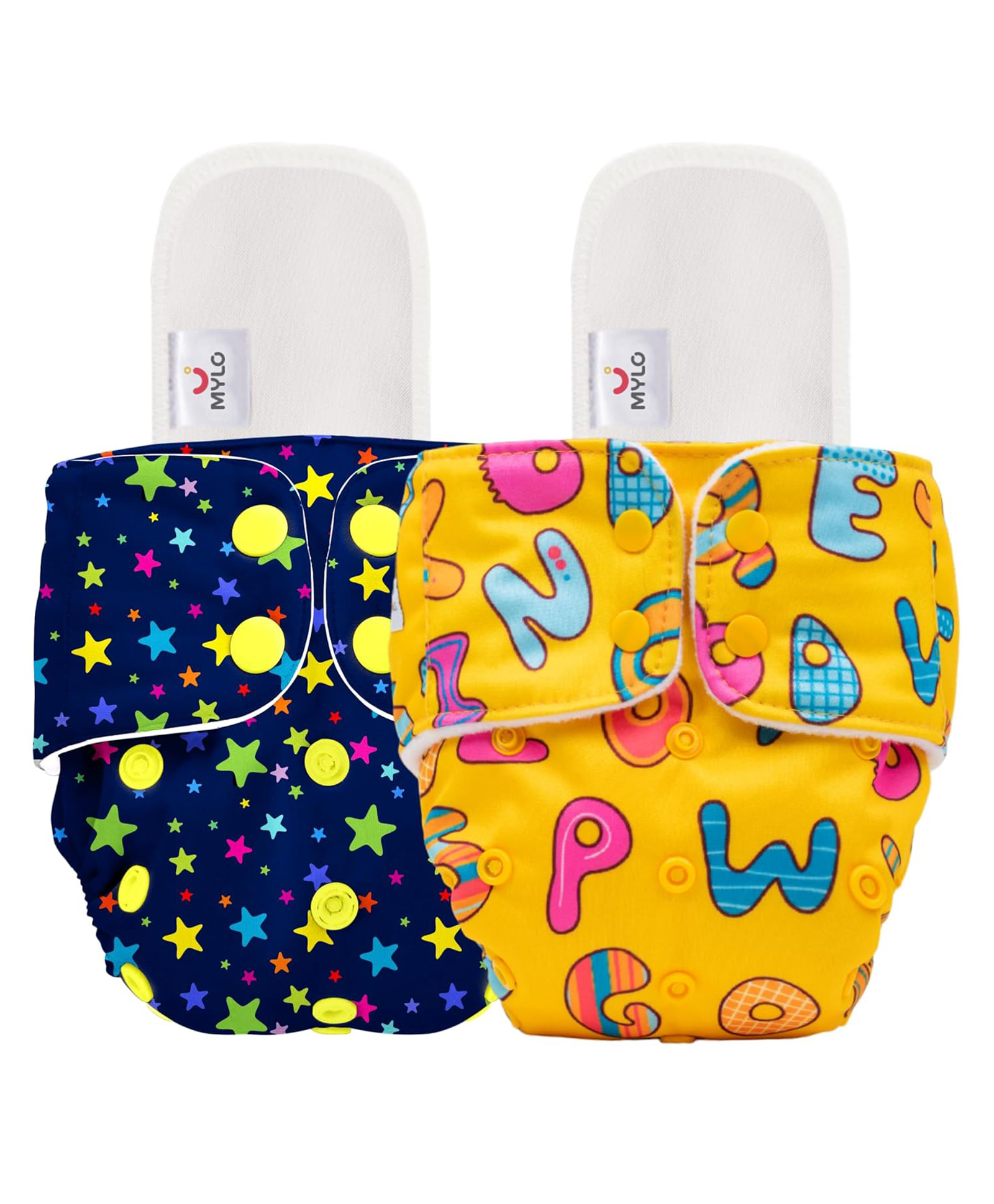 Mylo Baby Freesize Adjustable Cloth Diapers with 2 Free Insert Oeko Tex Certified Pack of 2 - Twinkle Twinkle  ABC Print Multicolour-picture-25