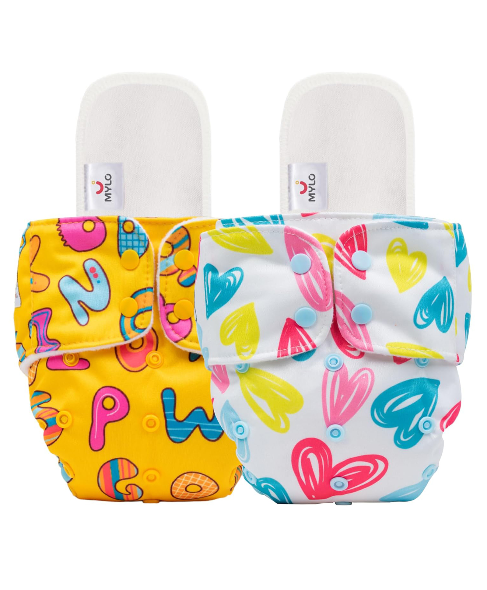 Mylo Baby Freesize Adjustable Cloth Diapers with 2 Free Insert Oeko Tex Certified Pack of 2 - ABC  Heart Doodles Multicolour-picture-18