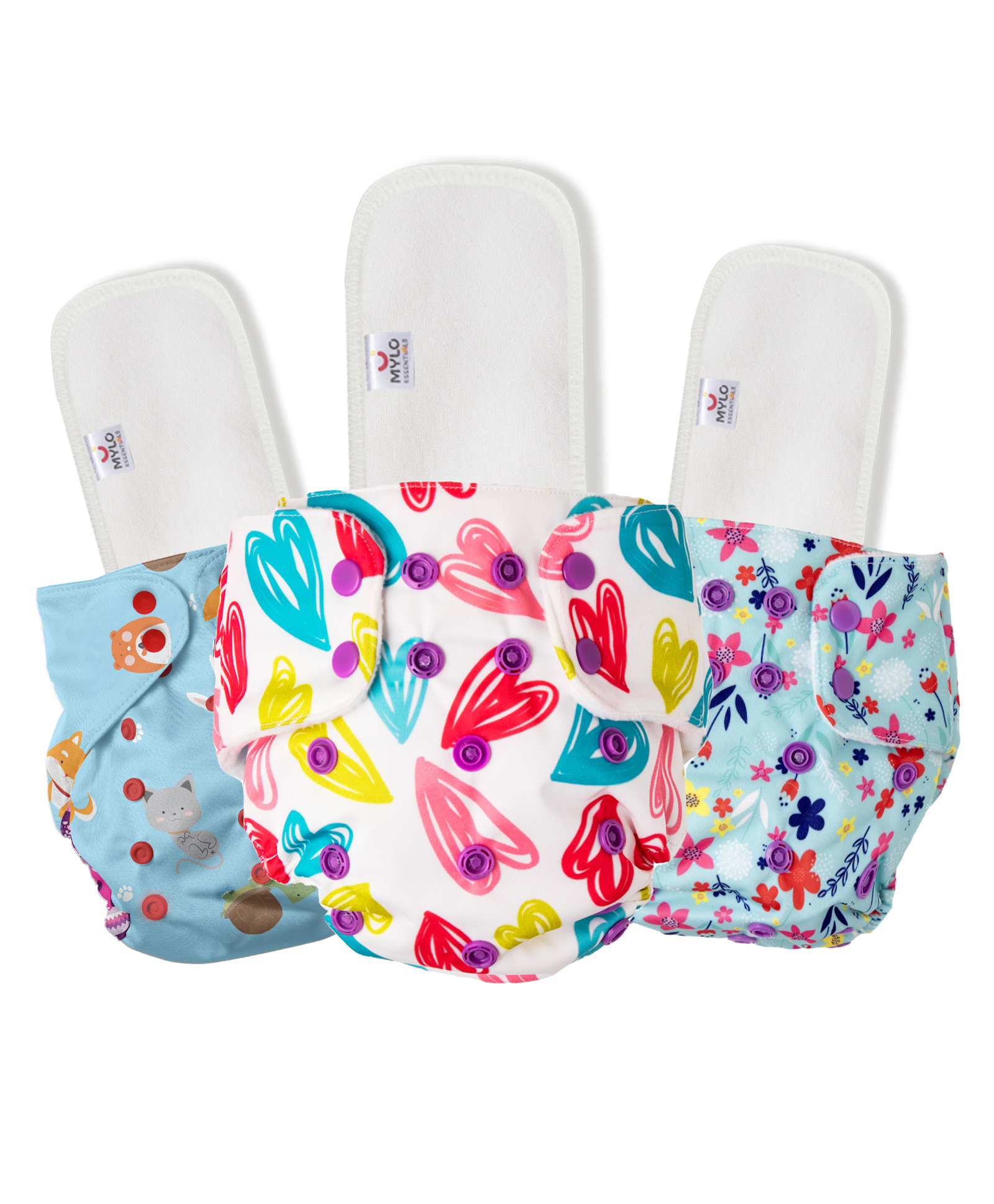 Mylo Baby Freesize Adjustable Cloth Diapers with 3 Free Insert Oeko Tex Certified Pack of 3 - Pet Love Floral Spring  Heart Doodles Multicolour-picture-36