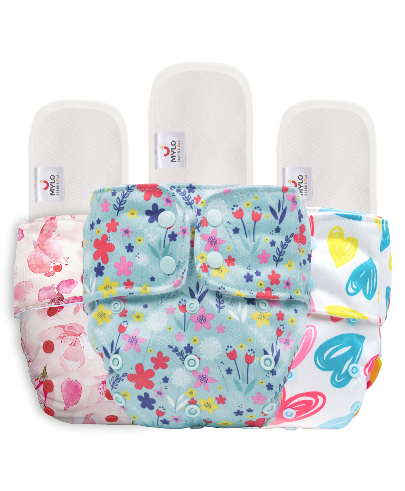 Mylo Baby Freesize Adjustable Cloth Diapers with 3 Free Insert Oeko Tex Certified Pack of 3 - Cherry Blossom Heart Doodles Floral Spring Multicolour-picture-7