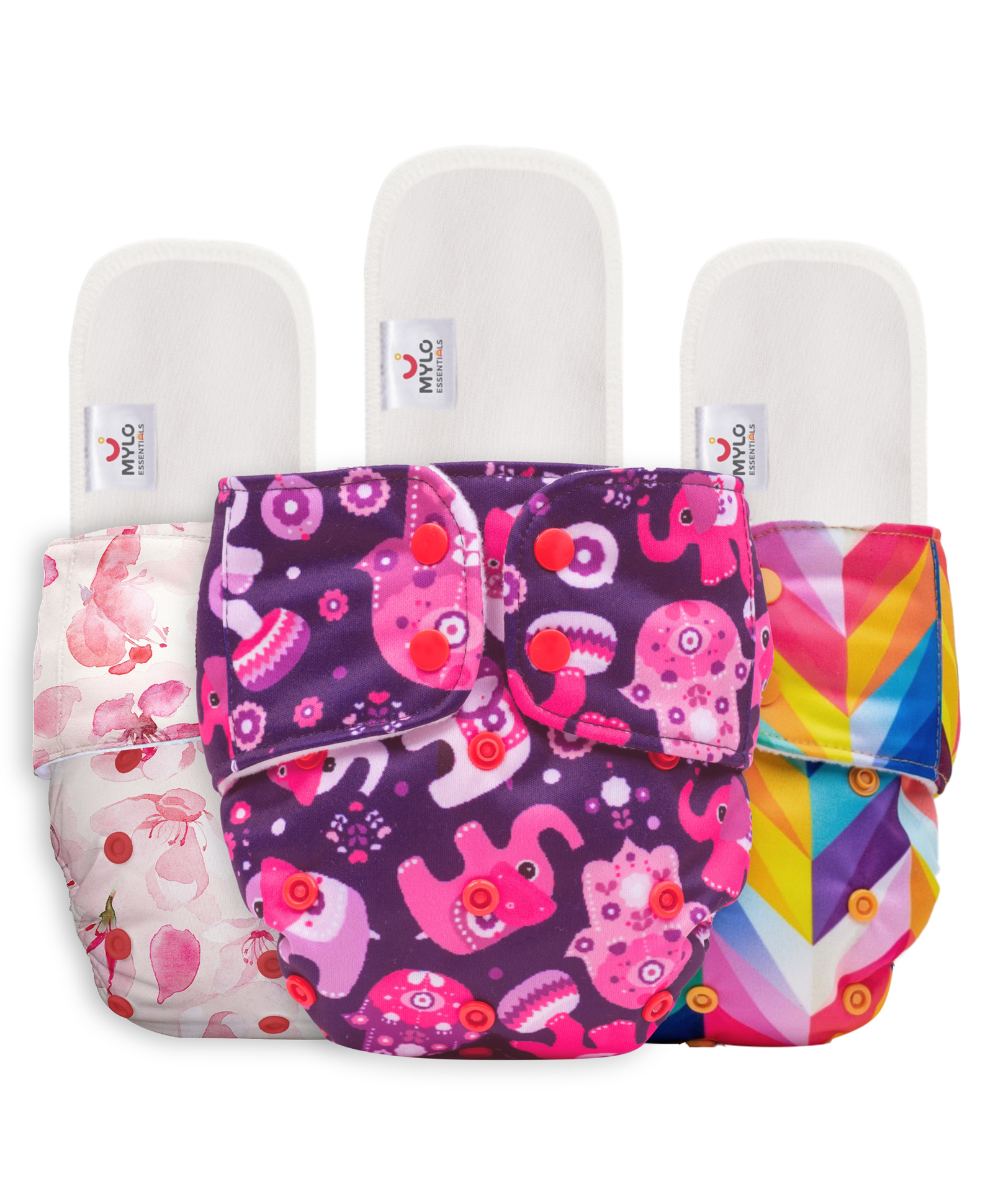 Mylo Baby  Freesize Adjustable Cloth Diapers with 3 Free Insert Oeko Tex Certified Pack of 3 -  Cherry Blossom Purple Rainbow Multicolour-picture-13