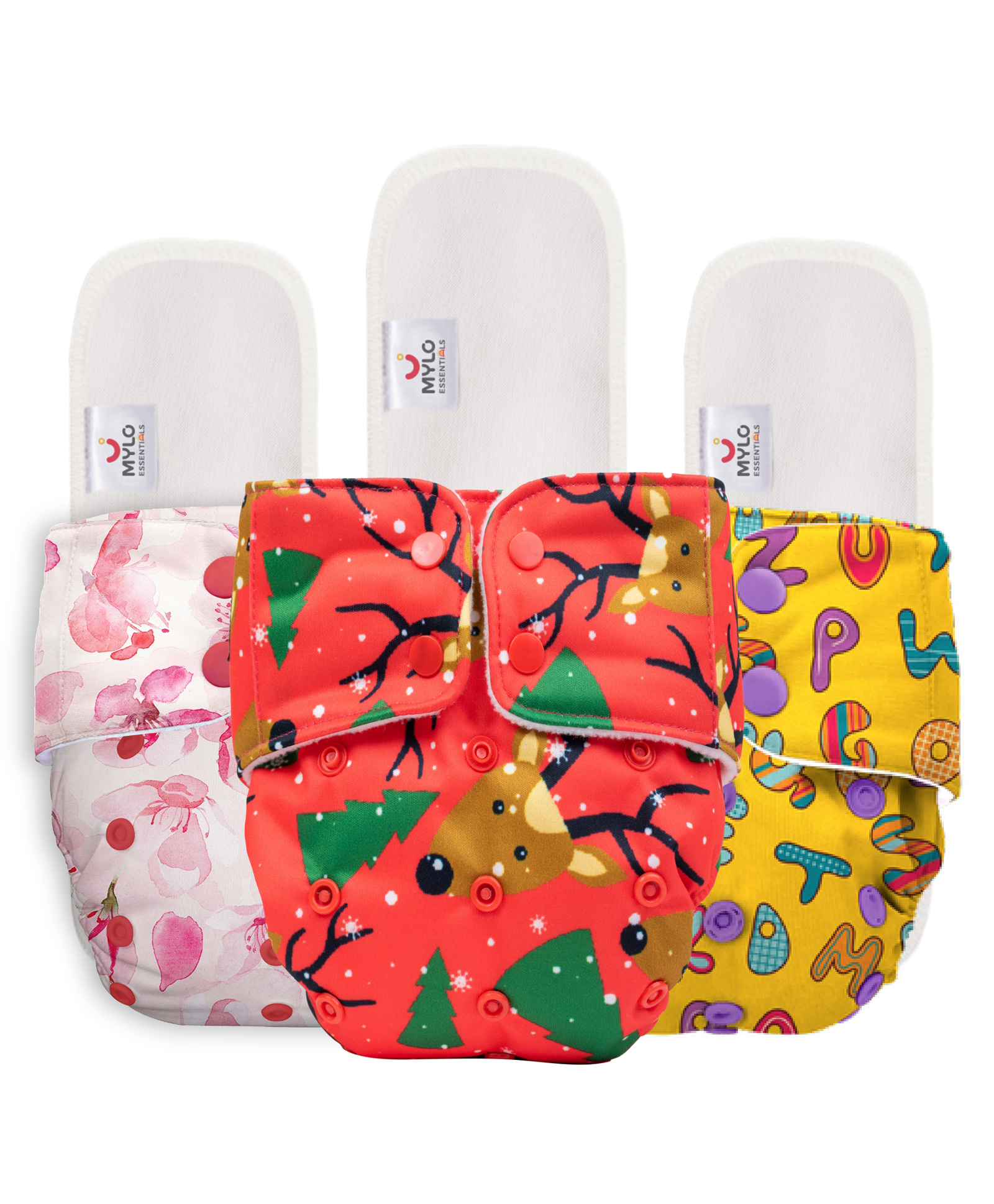 Mylo Baby Freesize Adjustable Cloth Diapers with 3 Free Insert Oeko Tex Certified Pack of 3 - Cherry Blossom Celebration  ABC Multicolour-picture-16