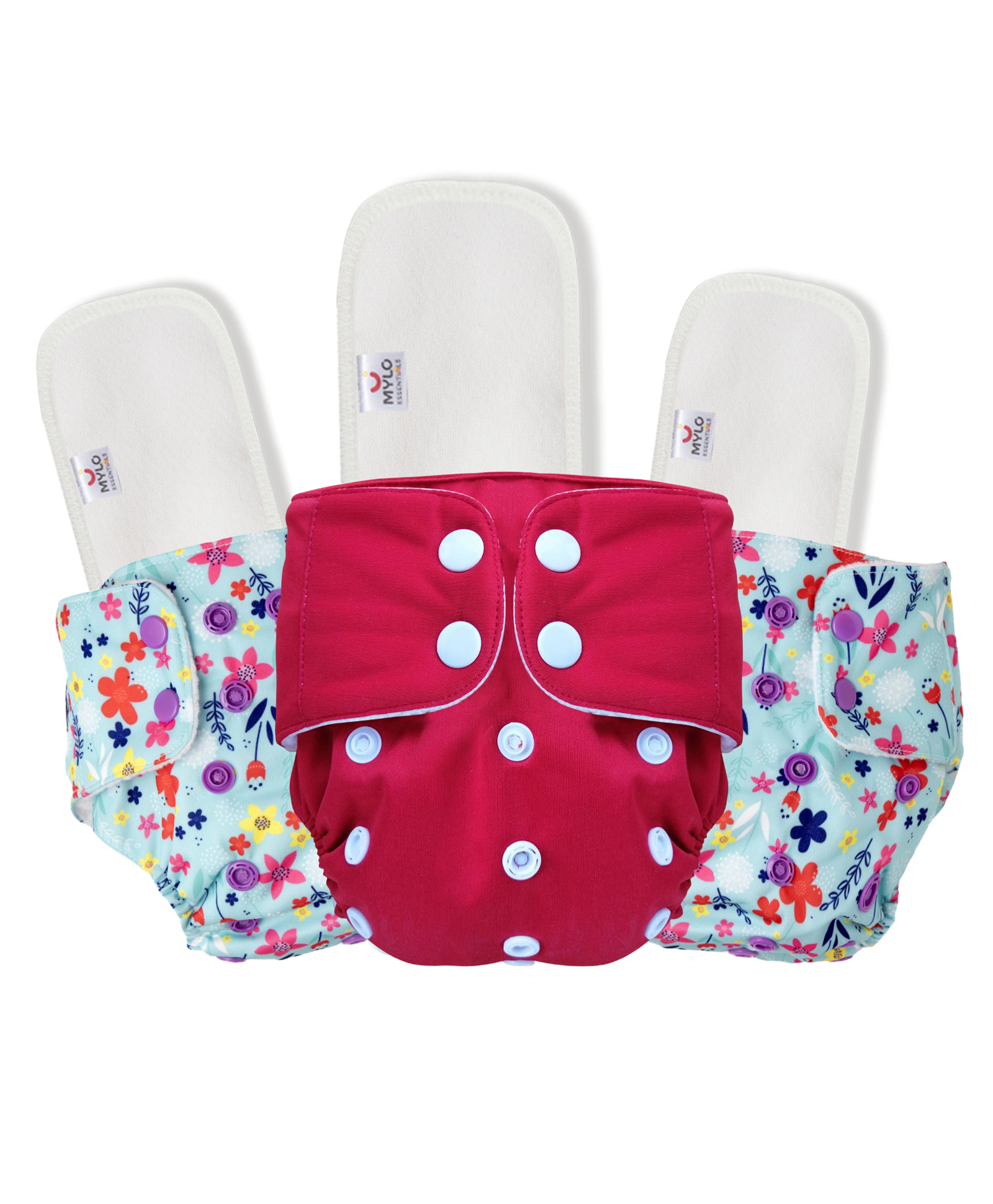 Mylo Baby Freesize Adjustable Cloth Diapers with 3 Free Insert Oeko Tex Certified Pack of 3 Floral Print - Red & Blue-image-36